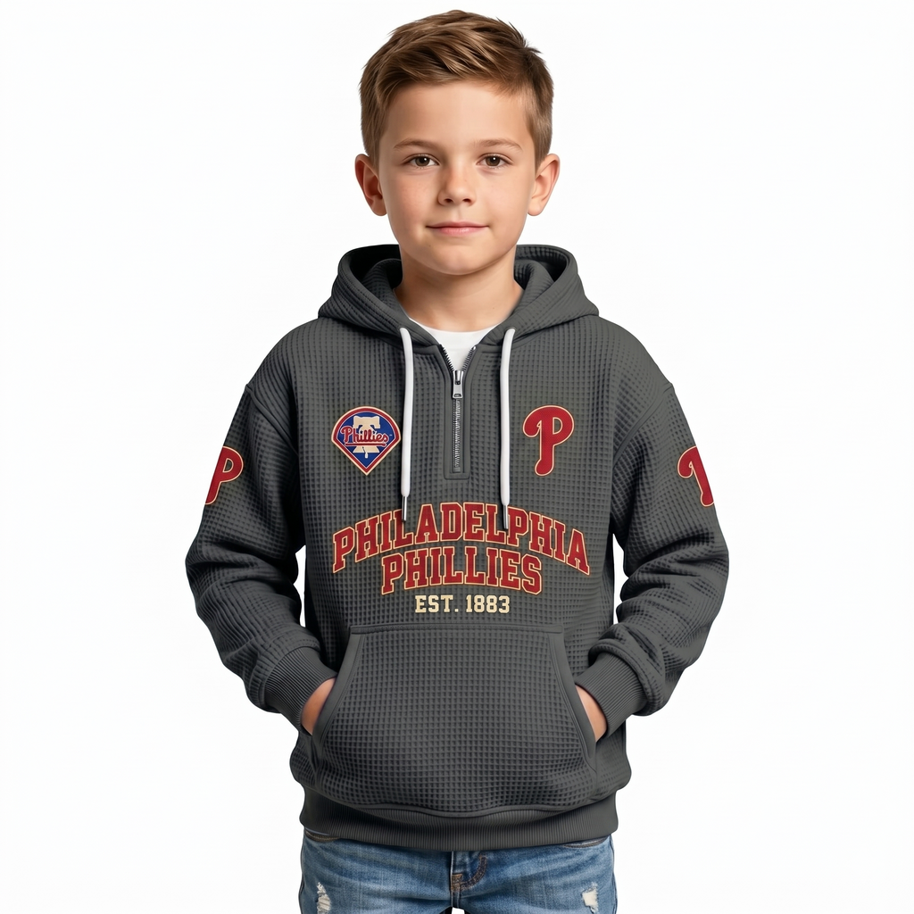 Philadelphia Phillies Kids Baseball Fan Printed Waffle Quarter Zip Hoodie EST 1883