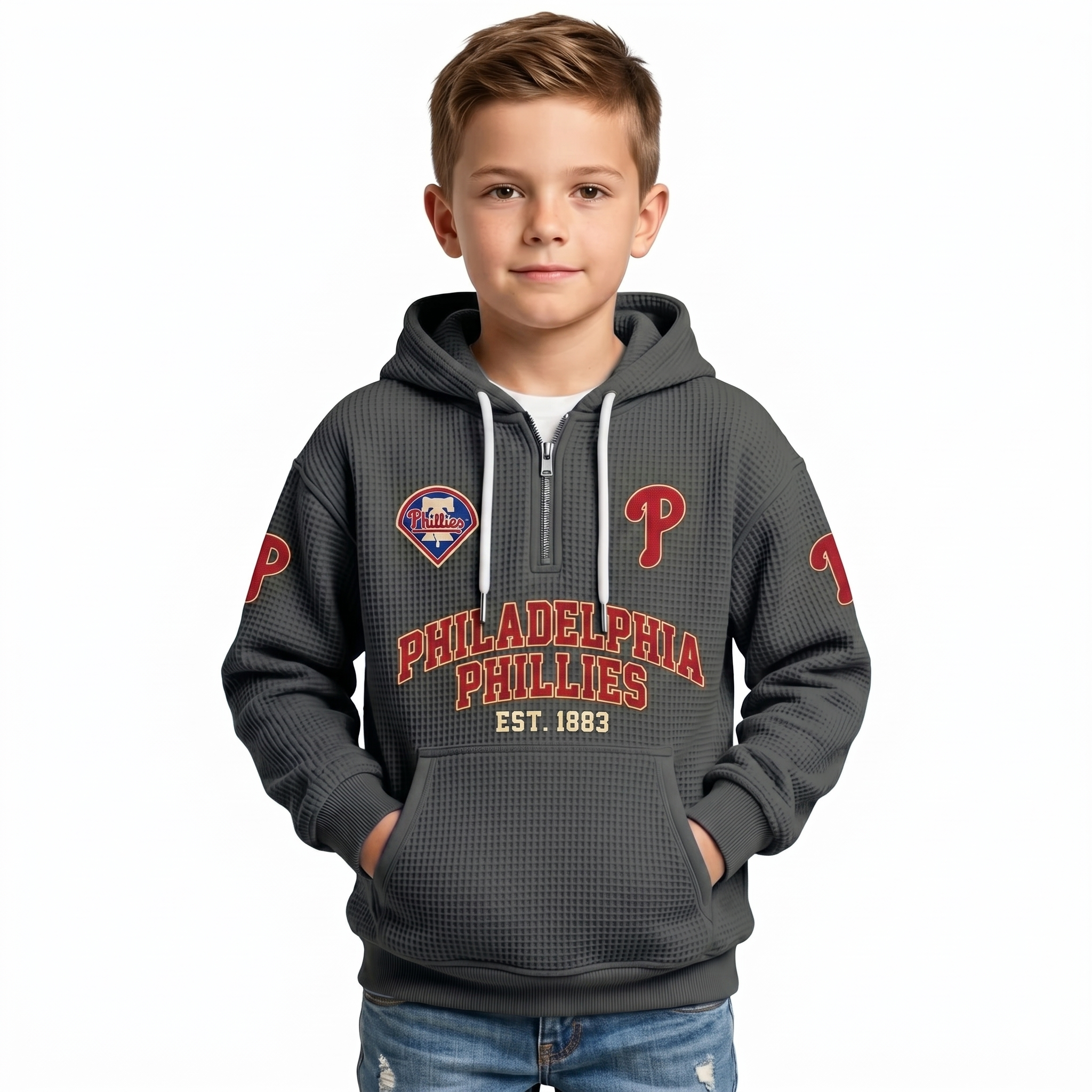 Philadelphia Phillies Kids Baseball Fan Printed Waffle Quarter Zip Hoodie EST 1883