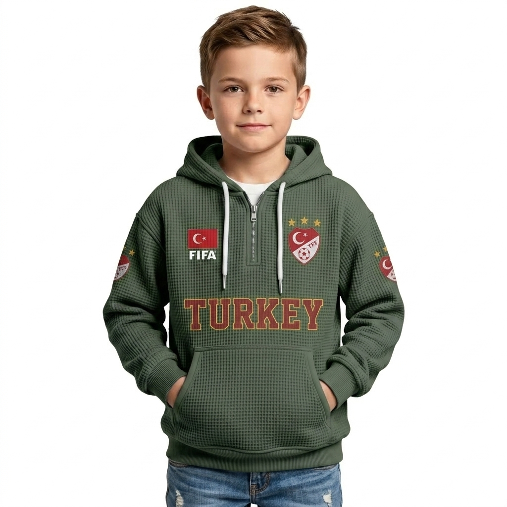 FIFA 2026 Turkey Printed Waffle Quarter Zip Kids Football Fan Hoodie