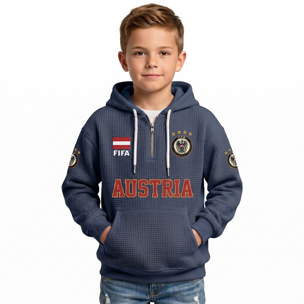FIFA 2026 Austria Printed Waffle Quarter Zip Kids Football Fan Hoodie
