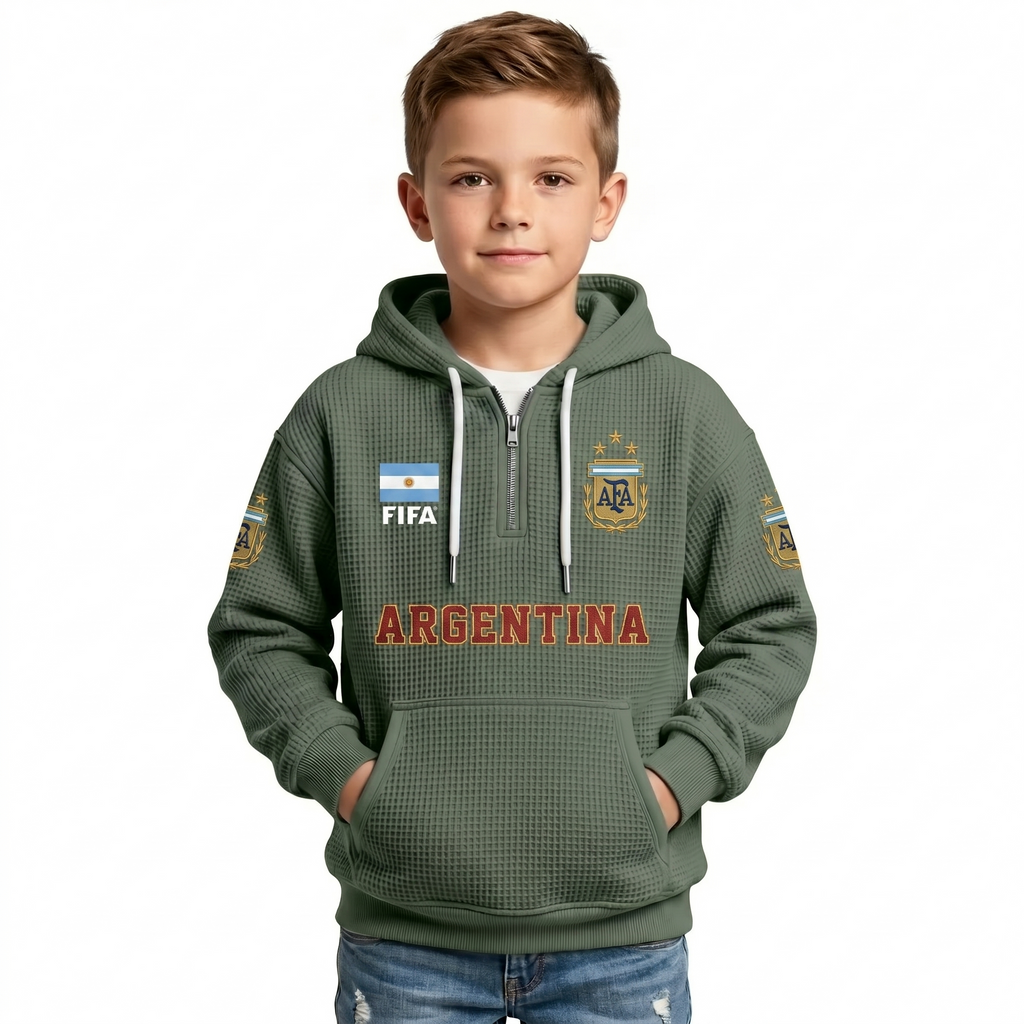 FIFA 2026 Argentina Printed Waffle Quarter Zip Kids Football Fan Hoodie