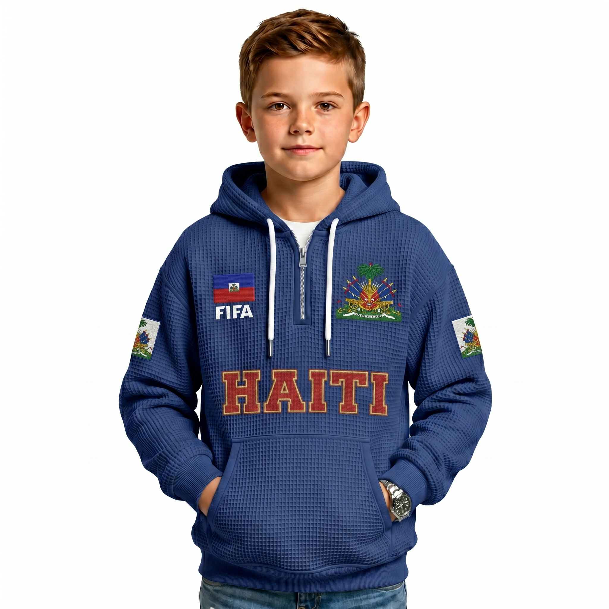 FIFA 2026 Haiti Printed Waffle Quarter Zip Kids Football Fan Hoodie