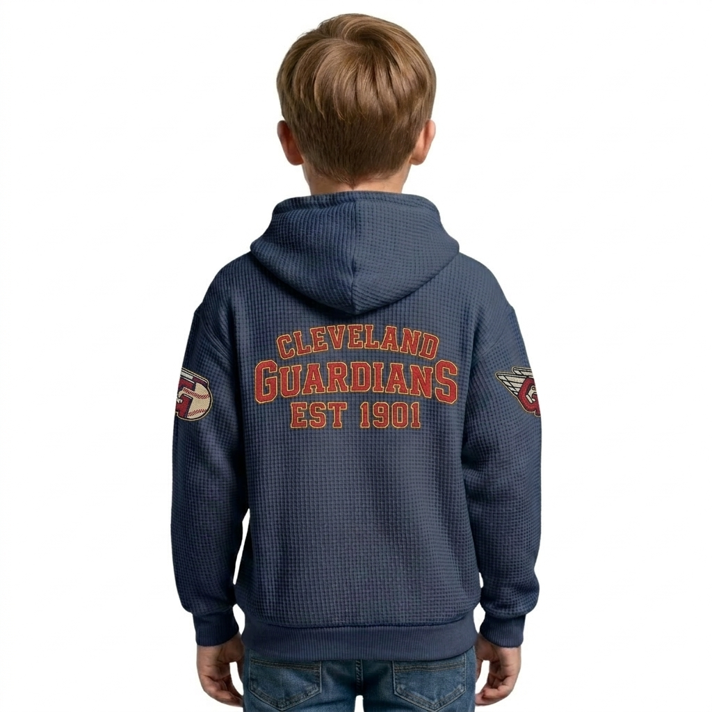 Cleveland Guardians EST 1901 Kids Baseball Fan Printed Waffle Quarter Zip Hoodie