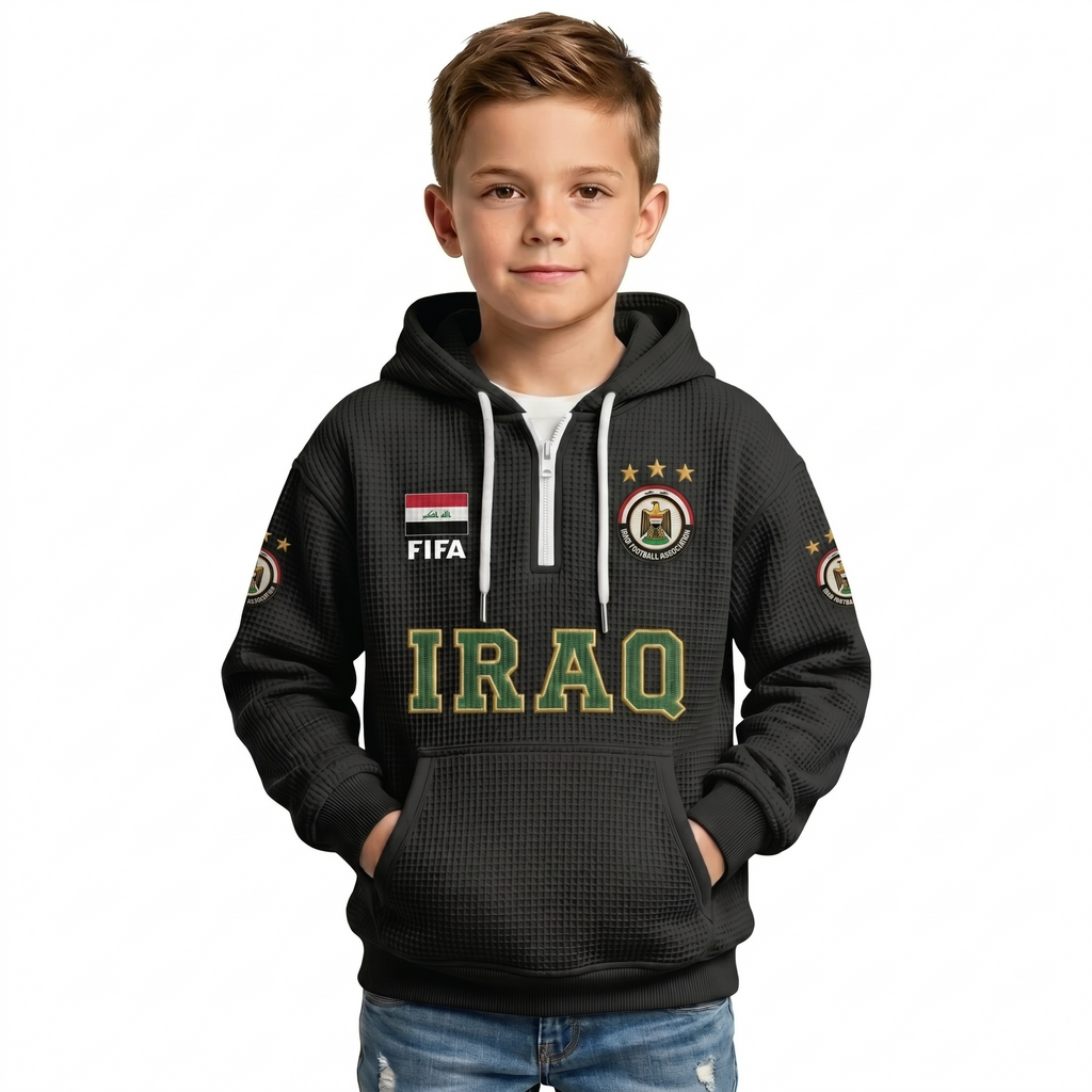 FIFA 2026 Iraq Printed Waffle Quarter Zip Kids Football Fan Hoodie