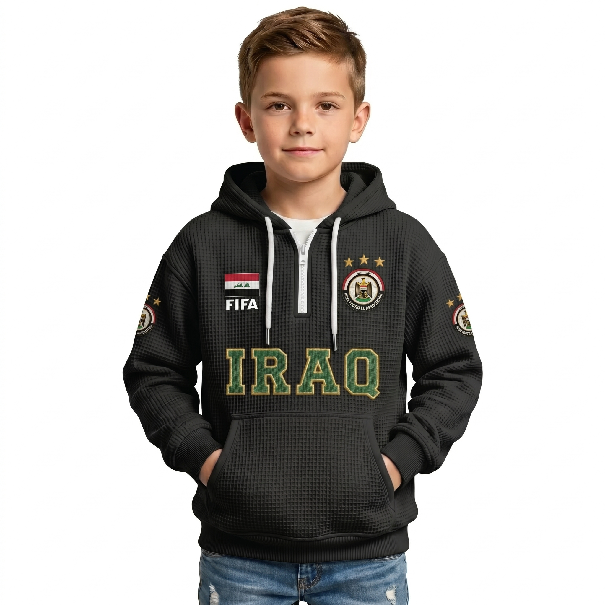 FIFA 2026 Iraq Printed Waffle Quarter Zip Kids Football Fan Hoodie