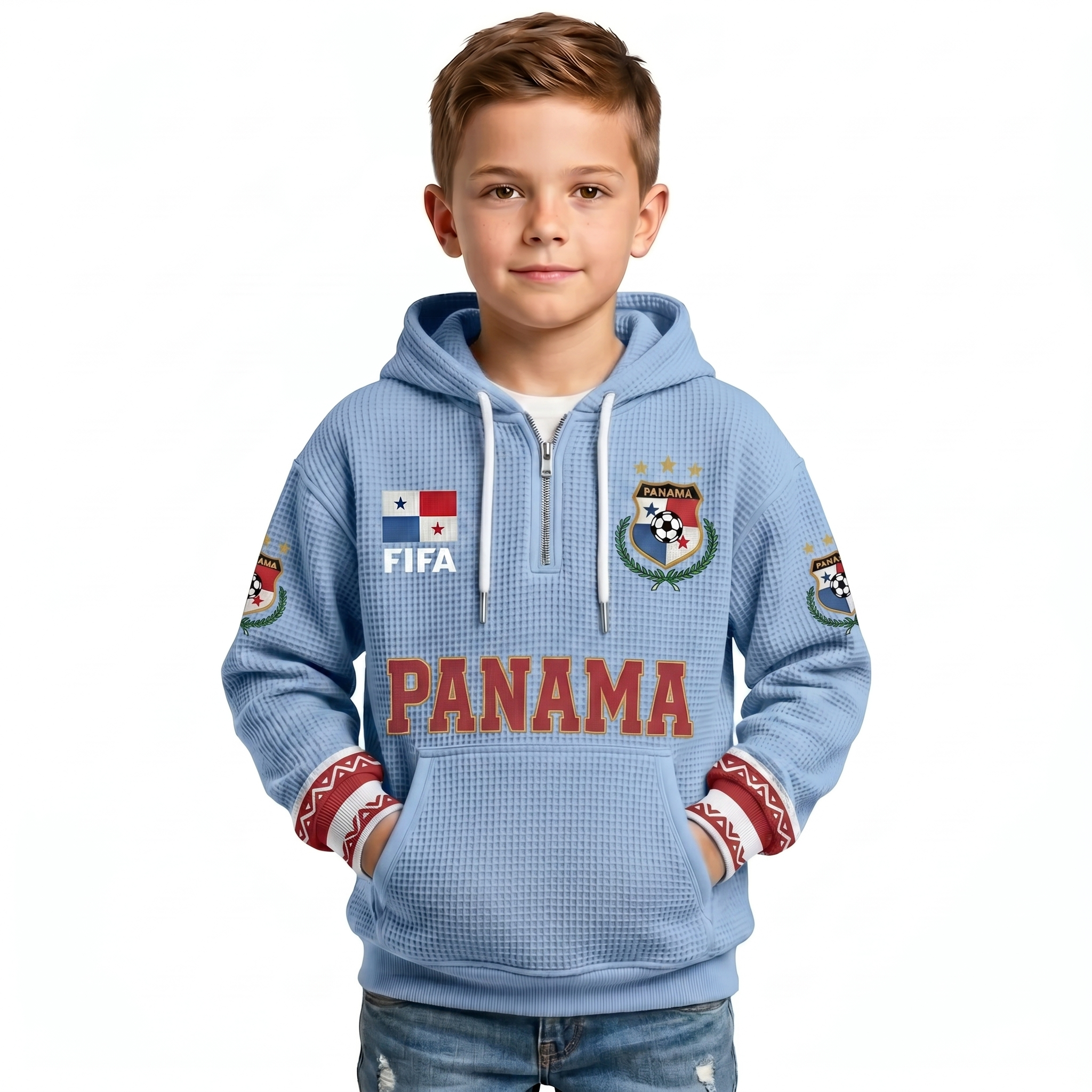 FIFA 2026 Panama Printed Waffle Quarter Zip Kids Football Fan Hoodie