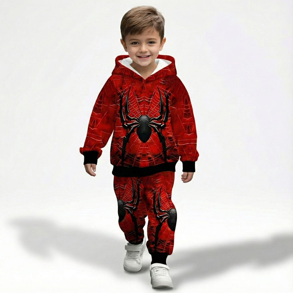 Boys Spider Print Hooded Sweatshirt And Pant Set