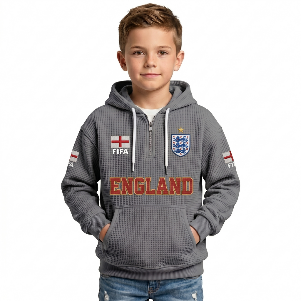 FIFA 2026 England Printed Waffle Quarter Zip Kids Football Fan Hoodie