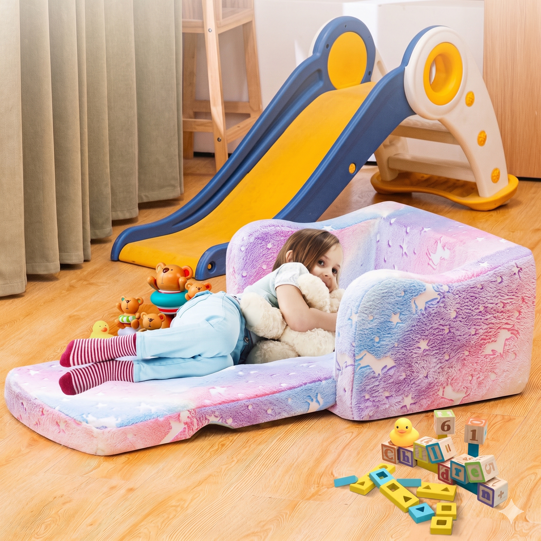 Kids Convertible Sofa Bed With Soft Memory Foam Cushion