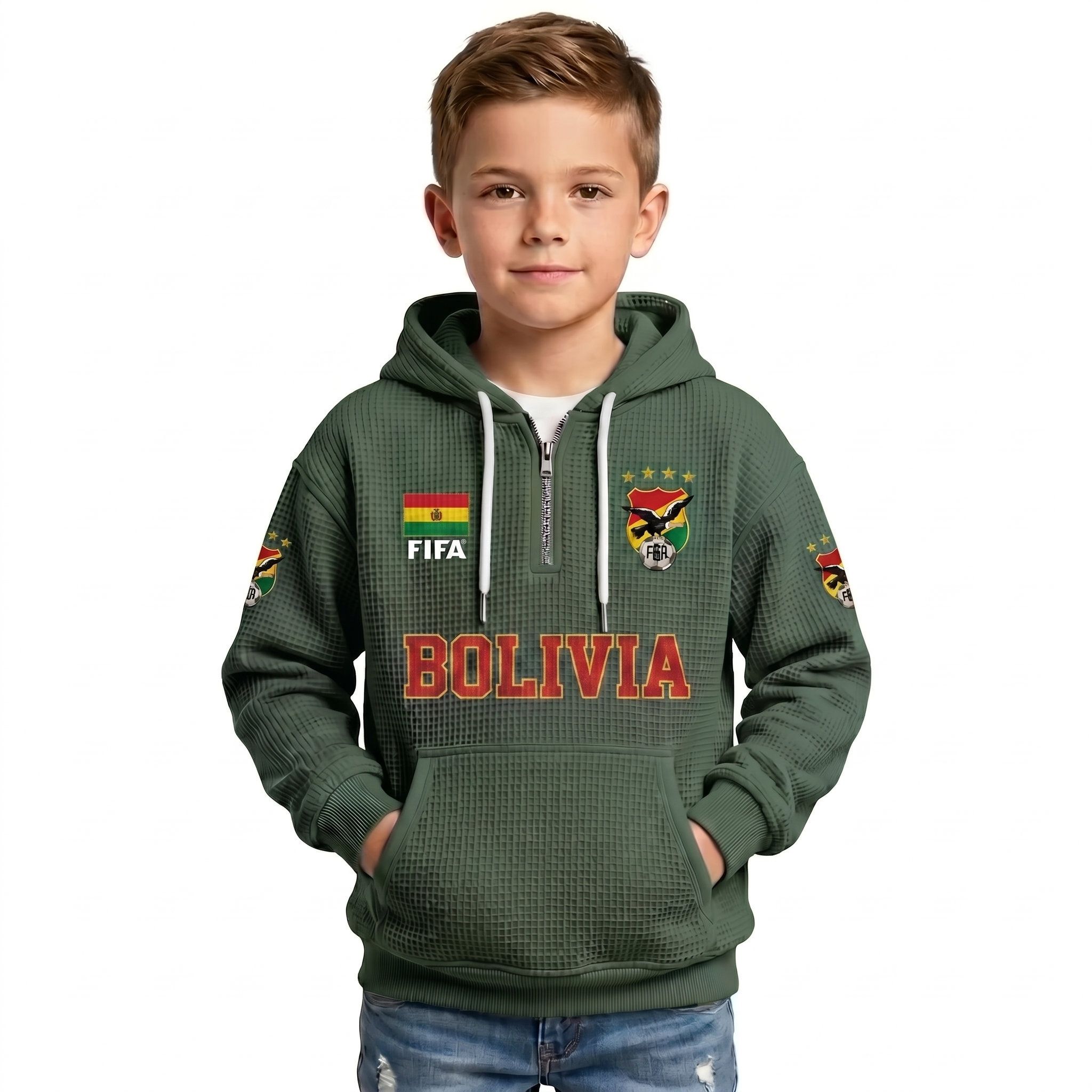 FIFA 2026 Bolivia Printed Waffle Quarter Zip Kids Football Fan Hoodie