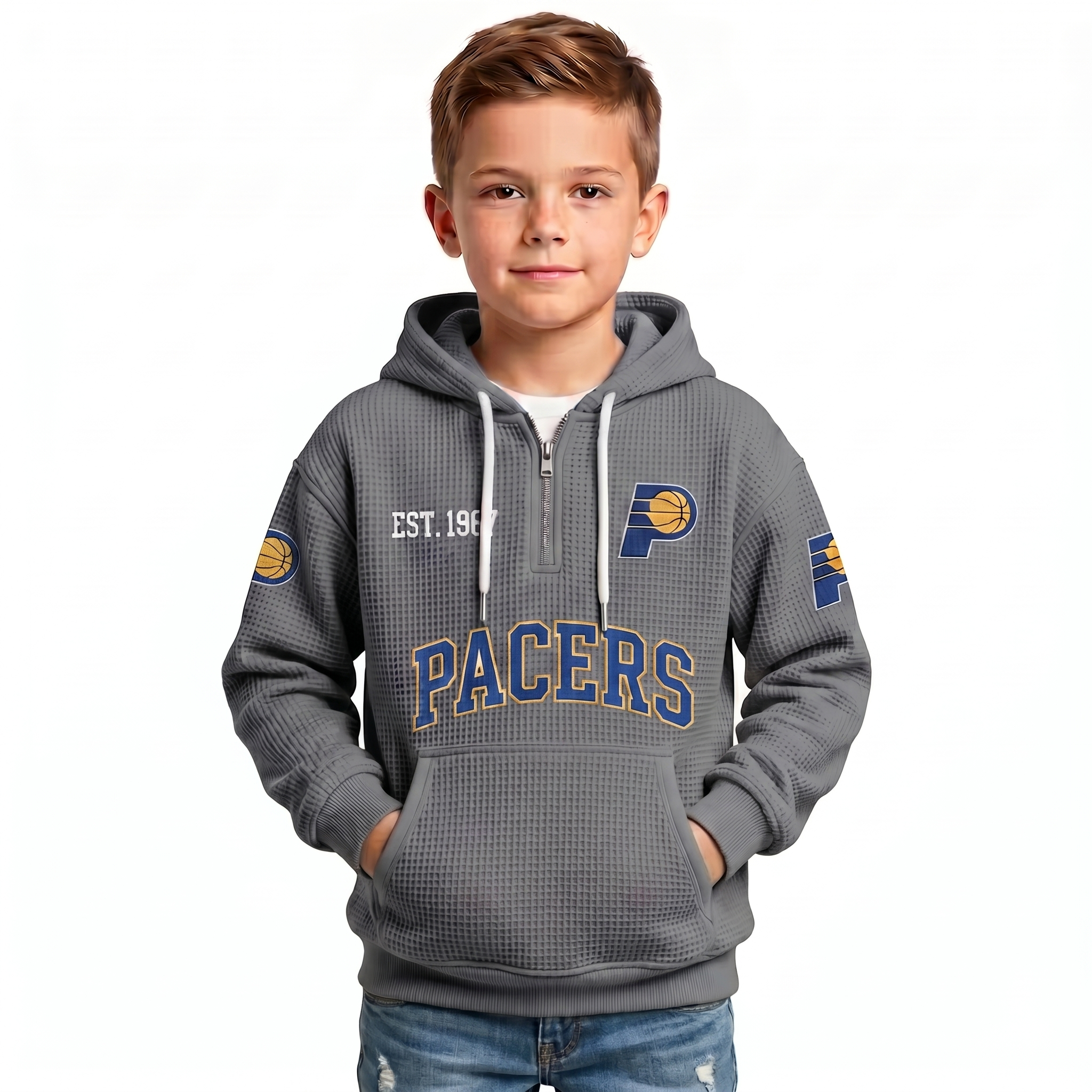 Indiana Pacers EST 1967 Kids Baseball Fan Printed Waffle Quarter Zip Hoodie