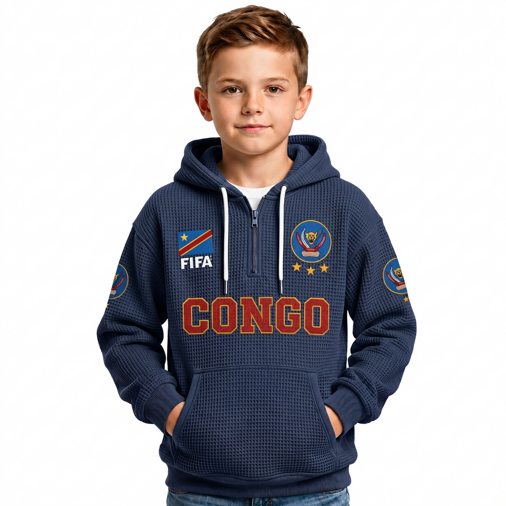 FIFA 2026 Democratic Republic Of The Congo Printed Waffle Quarter Zip Kids Football Fan Hoodie