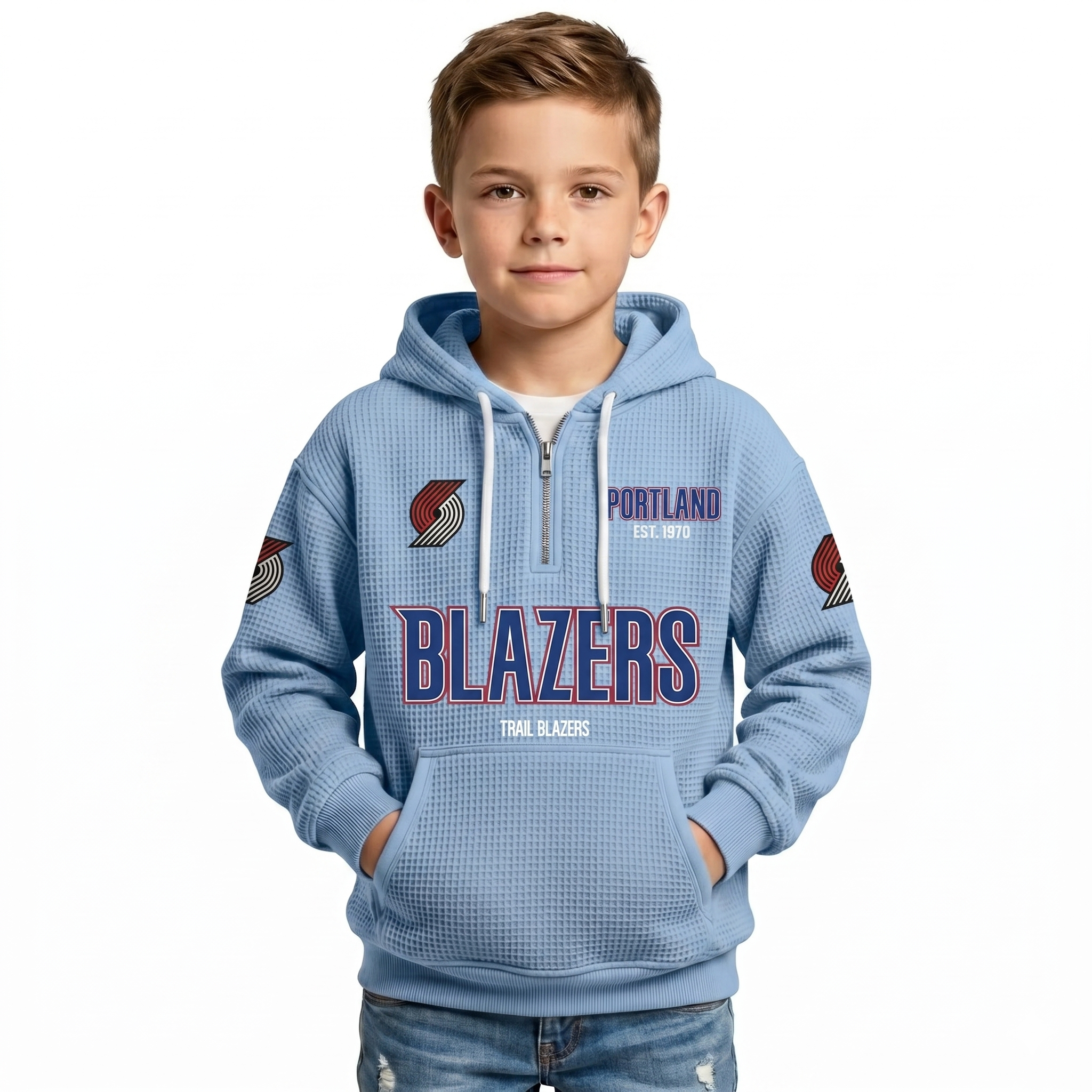 Portland Trail Blazers EST 1970 Kids Baseball Fan Printed Waffle Quarter Zip Hoodie