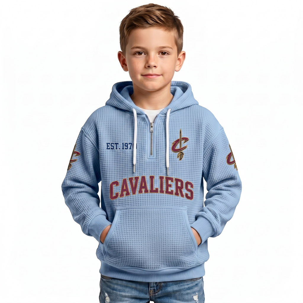Cleveland Cavaliers EST 1970 Kids Baseball Fan Printed Waffle Quarter Zip Hoodie