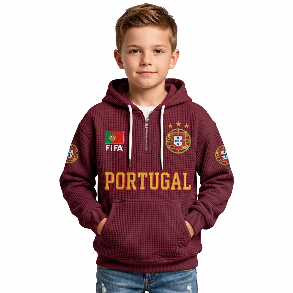 FIFA 2026 Portugal Printed Waffle Quarter Zip Kids Football Fan Hoodie