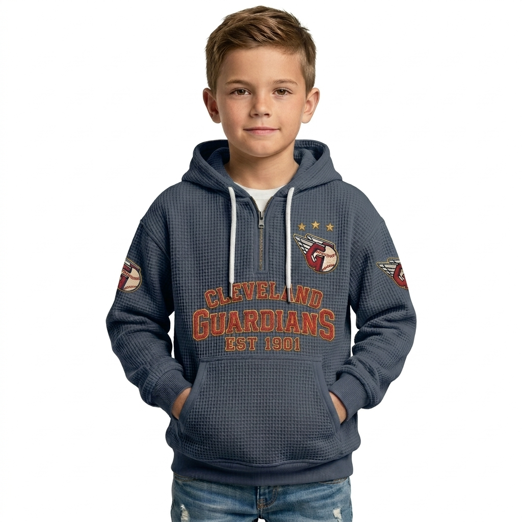Cleveland Guardians EST 1901 Kids Baseball Fan Printed Waffle Quarter Zip Hoodie