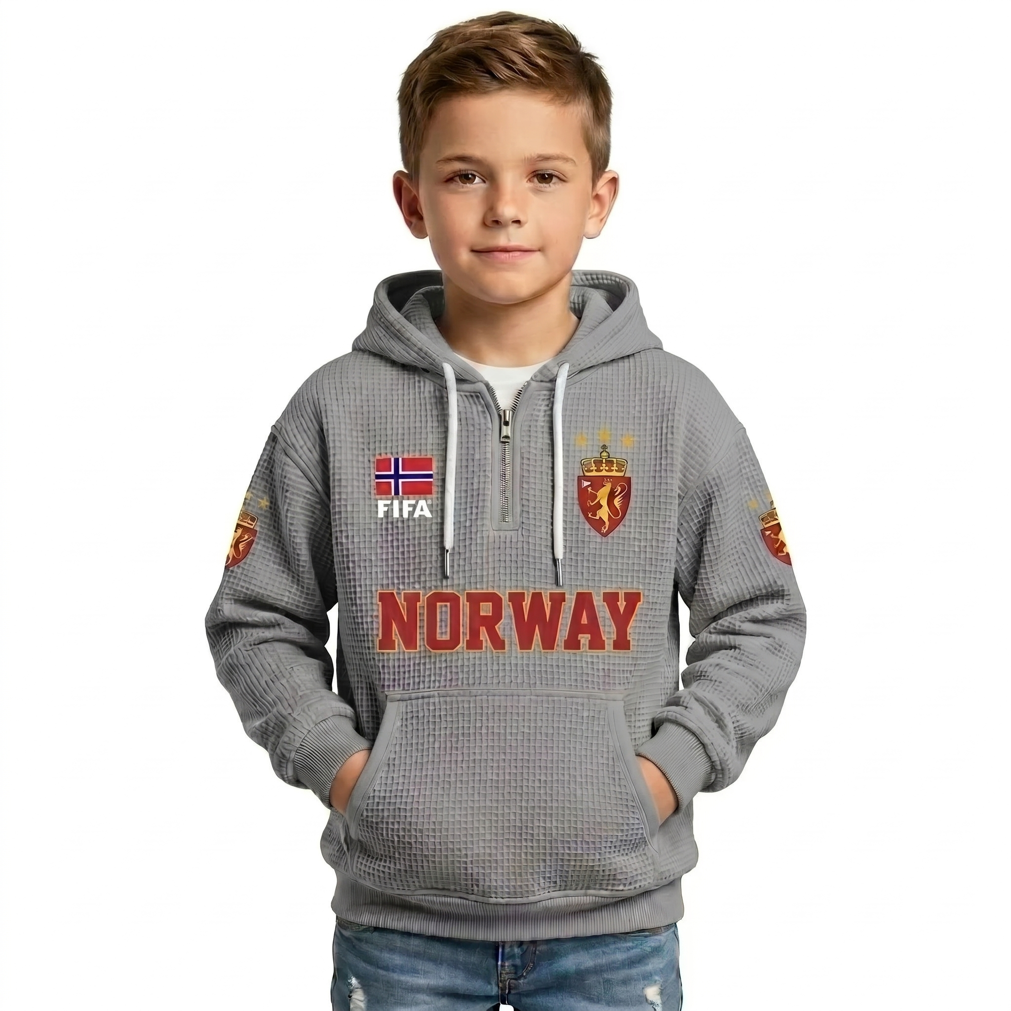 FIFA 2026 Norway Printed Waffle Quarter Zip Kids Football Fan Hoodie