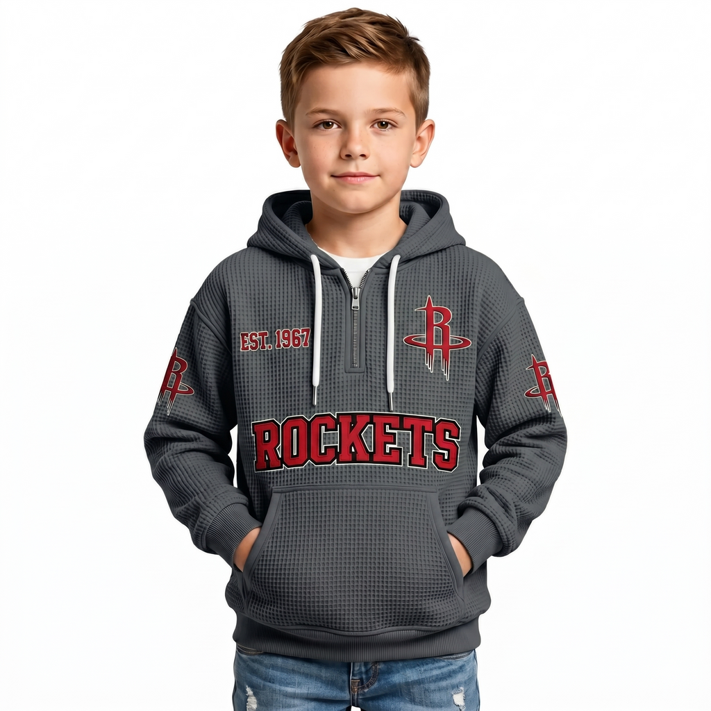 Houston Rockets EST 1967 Kids Baseball Fan Printed Waffle Quarter Zip Hoodie