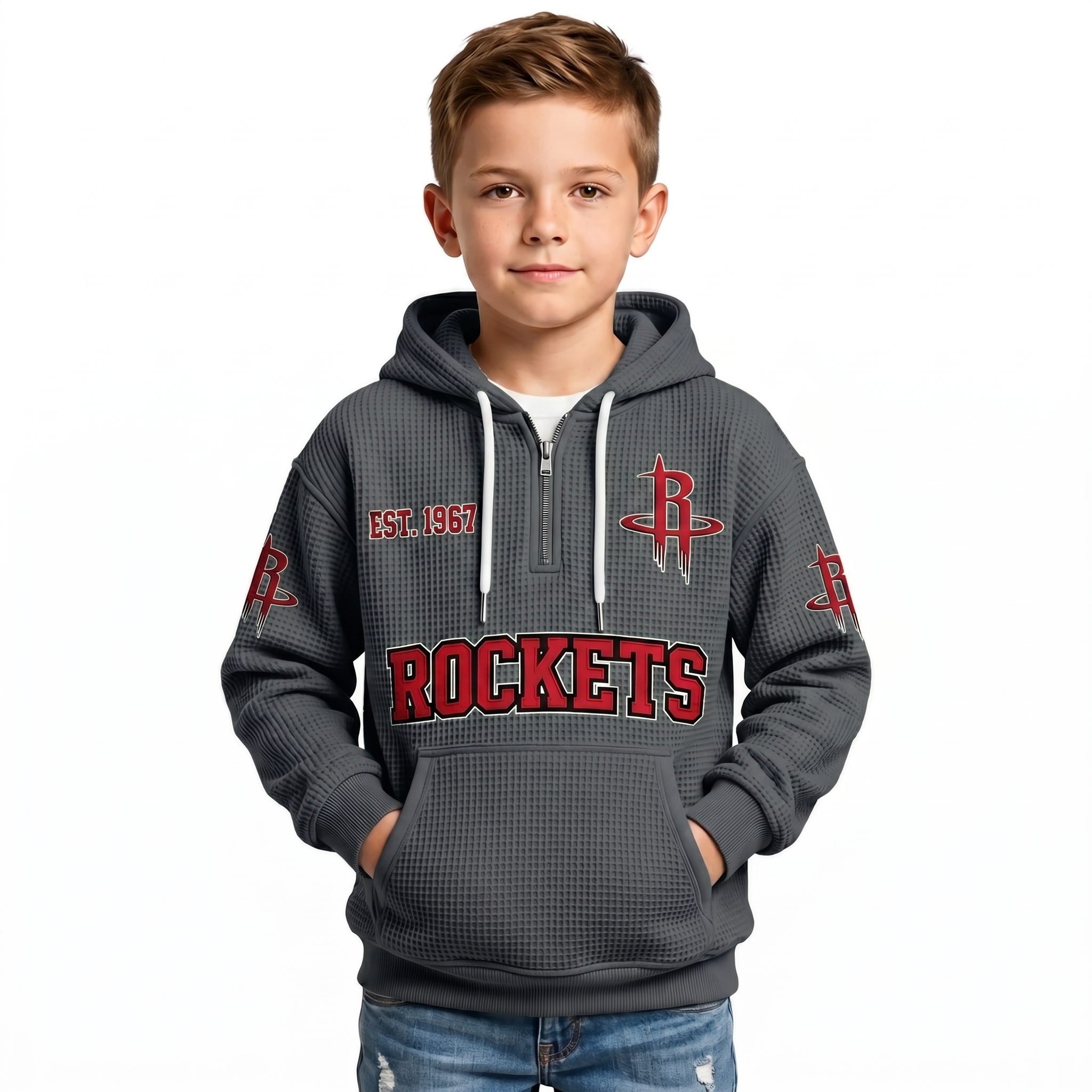 Houston Rockets EST 1967 Kids Baseball Fan Printed Waffle Quarter Zip Hoodie