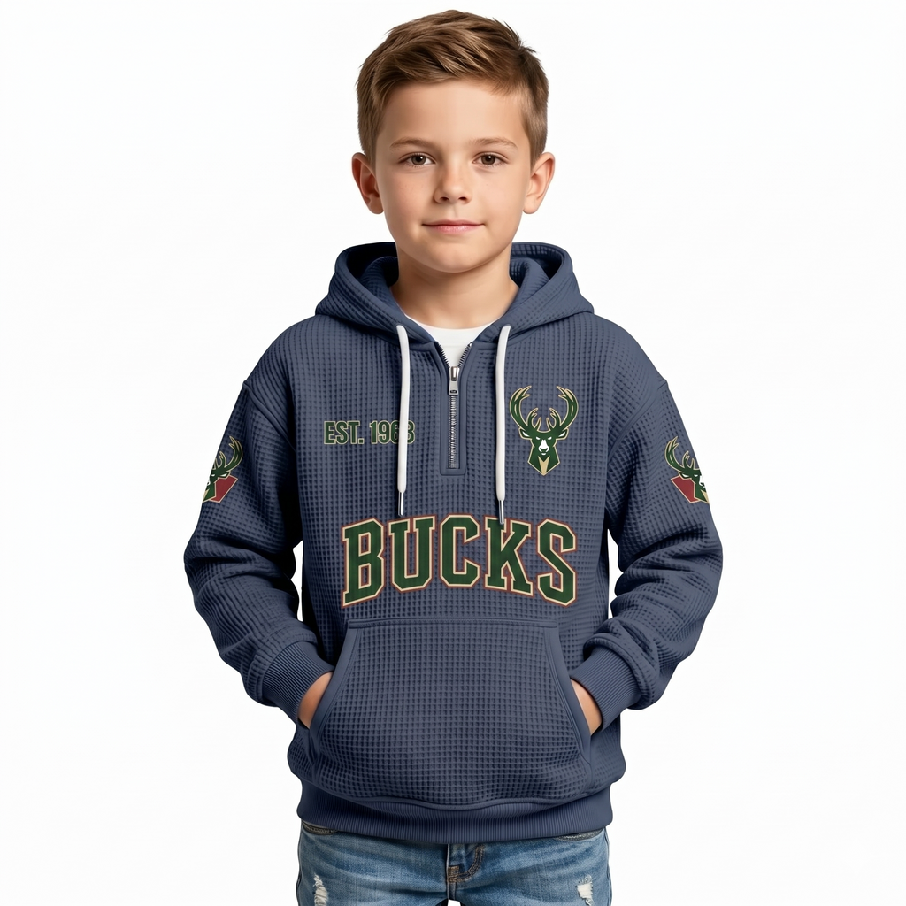 Milwaukee Bucks EST 1968 Kids Baseball Fan Printed Waffle Quarter Zip Hoodie