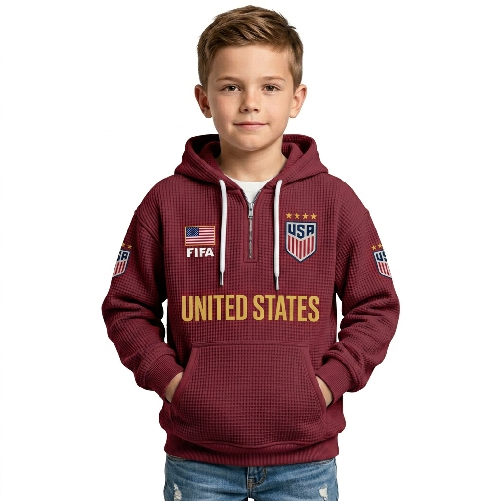 FIFA 2026 United States Printed Waffle Quarter Zip Kids Football Fan Hoodie
