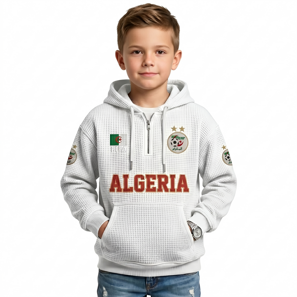 FIFA 2026 Algeria Printed Waffle Quarter Zip Kids Football Fan Hoodie
