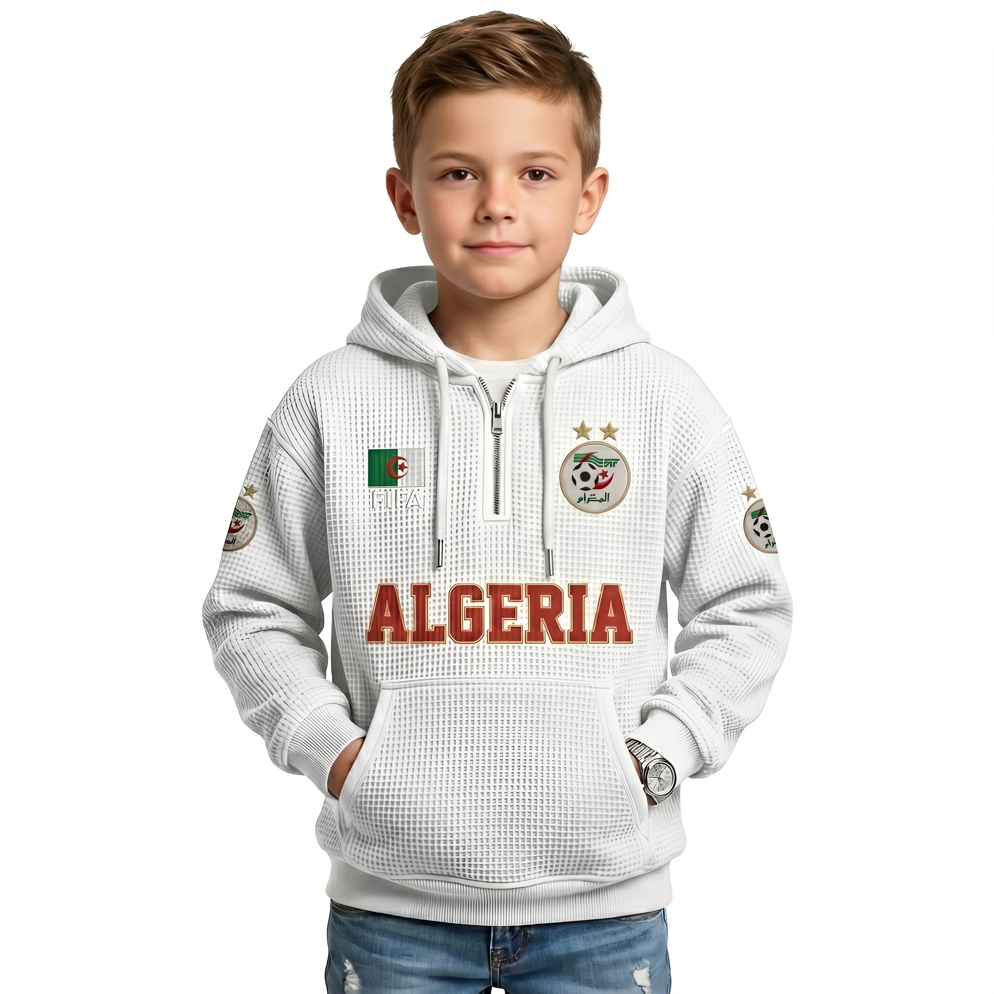 FIFA 2026 Algeria Printed Waffle Quarter Zip Kids Football Fan Hoodie