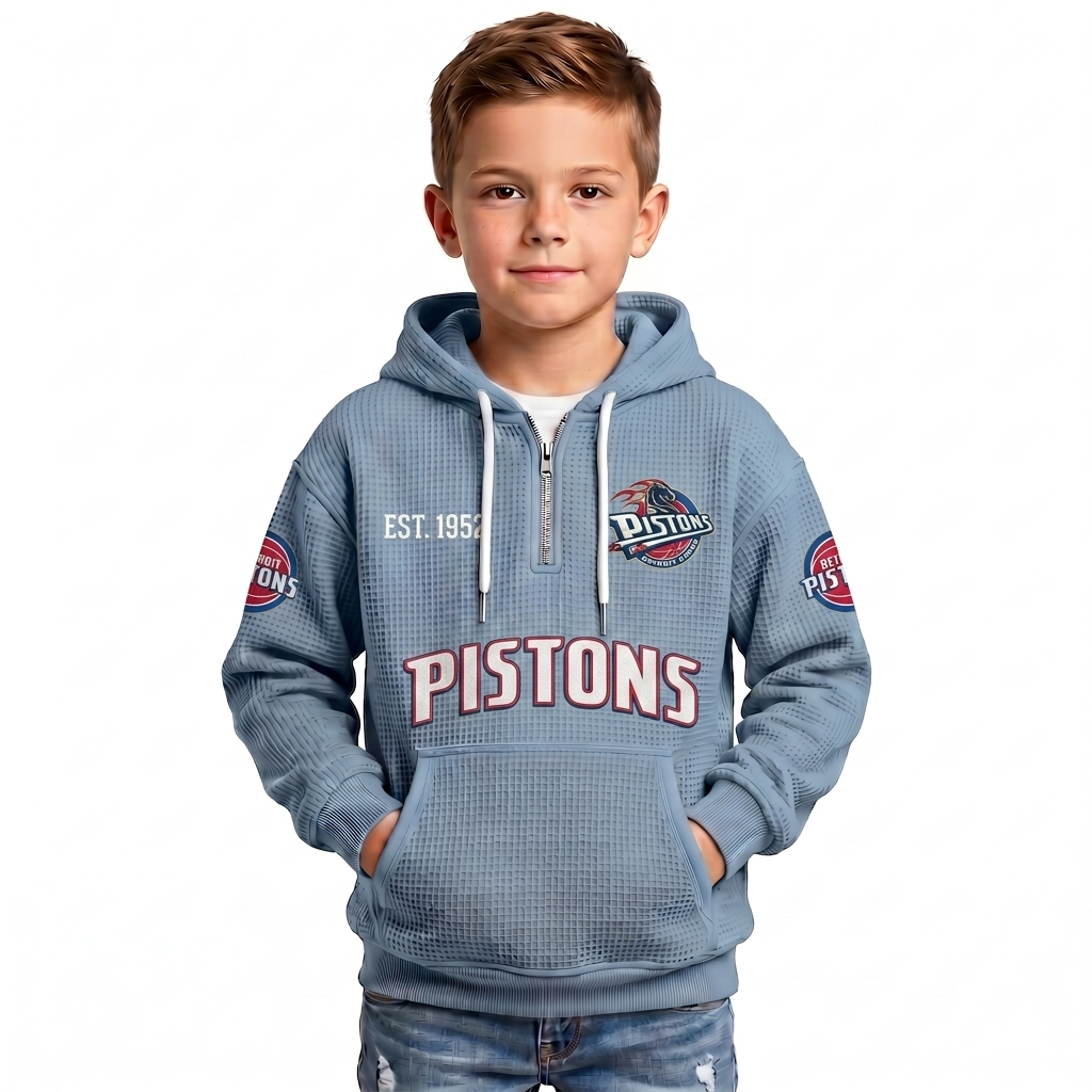 Detroit Pistons EST 1957 Kids Baseball Fan Printed Waffle Quarter Zip Hoodie