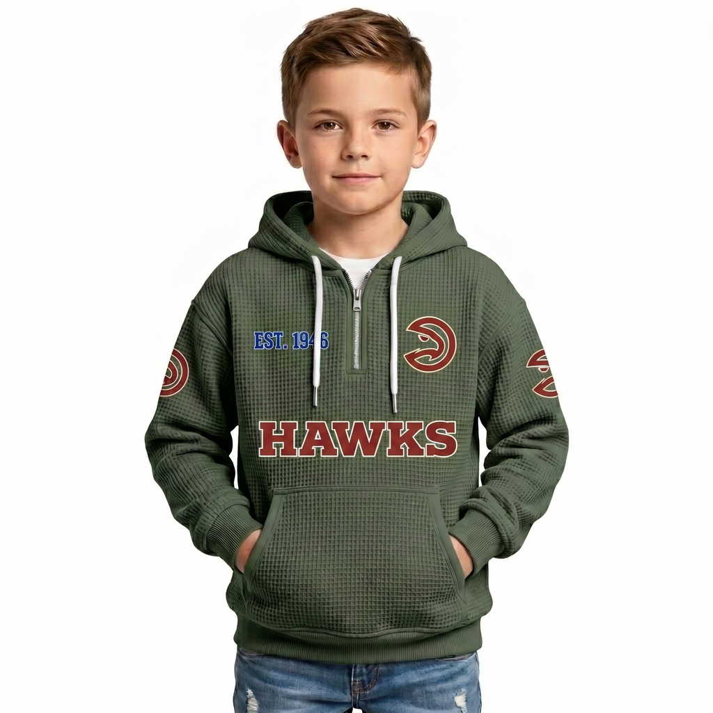 Atlanta Hawks EST 1946 Kids Baseball Fan Printed Waffle Quarter Zip Hoodie