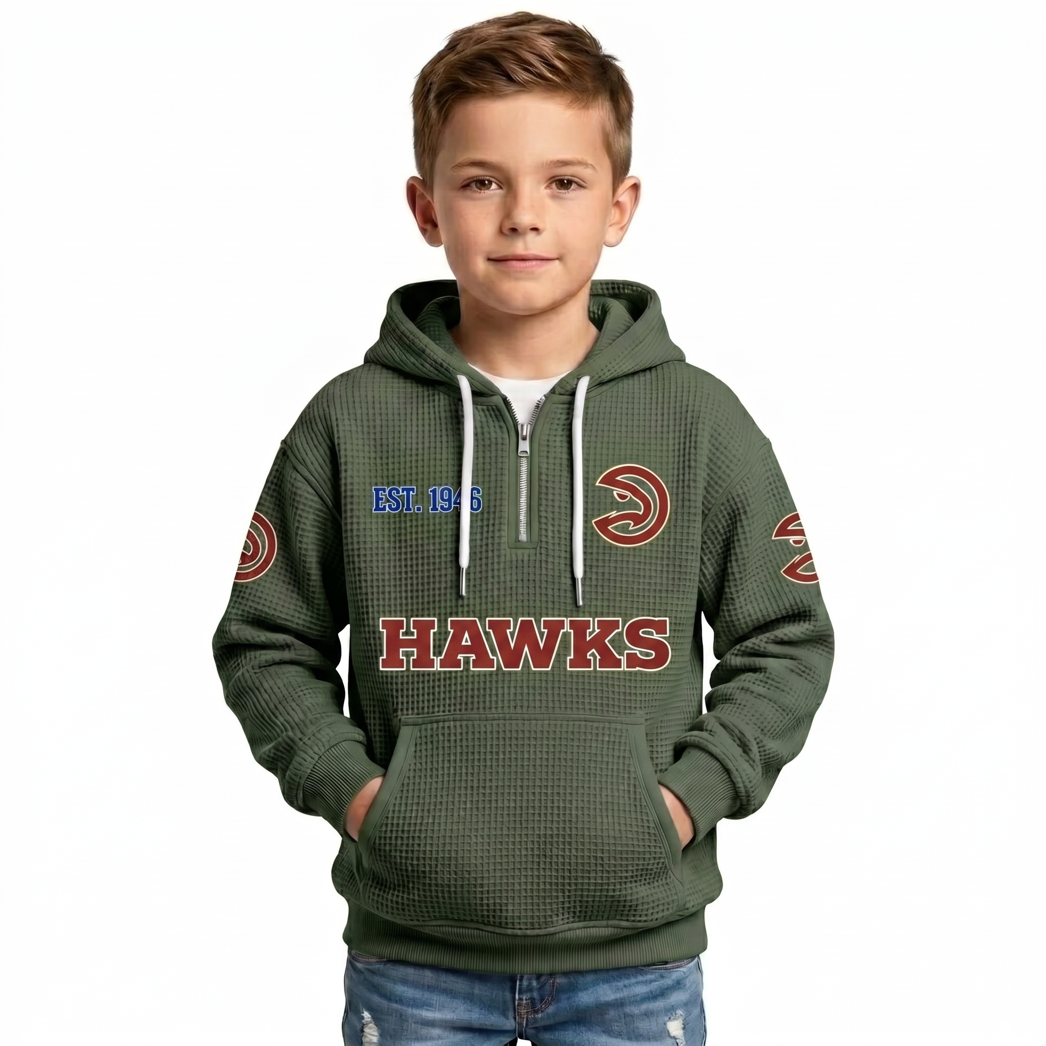 Atlanta Hawks EST 1946 Kids Baseball Fan Printed Waffle Quarter Zip Hoodie