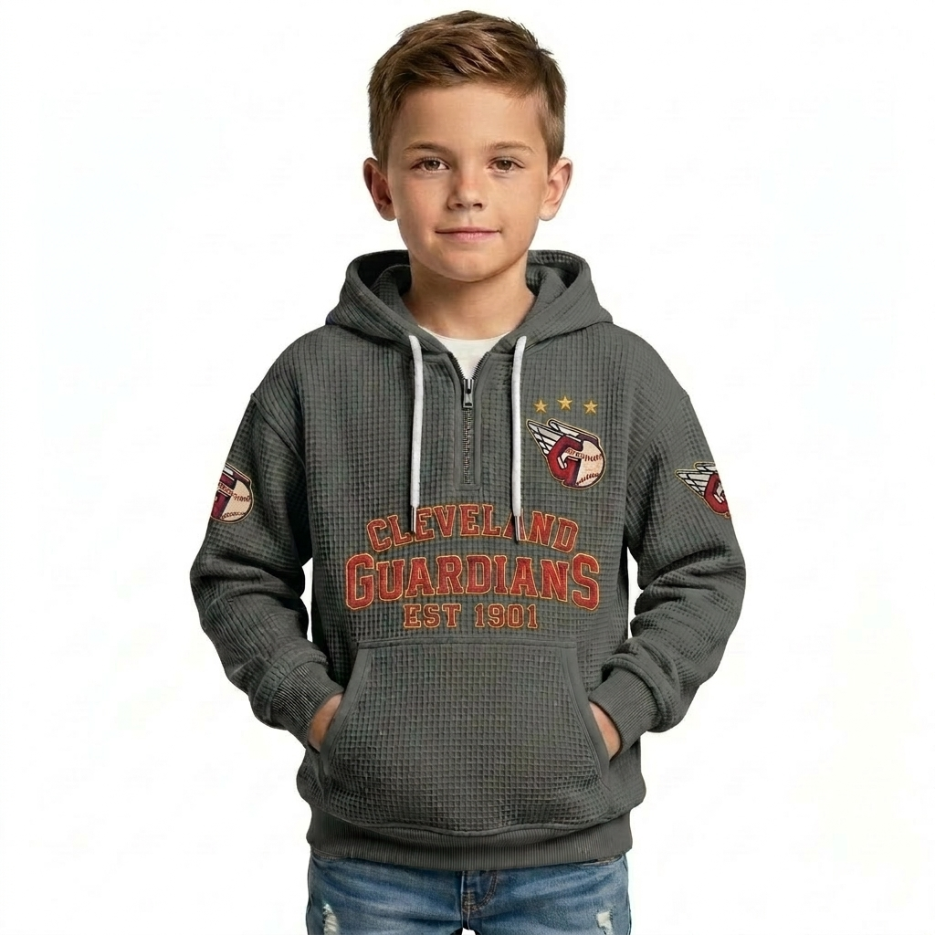 Cleveland Guardians EST 1901 Kids Baseball Fan Printed Waffle Quarter Zip Hoodie