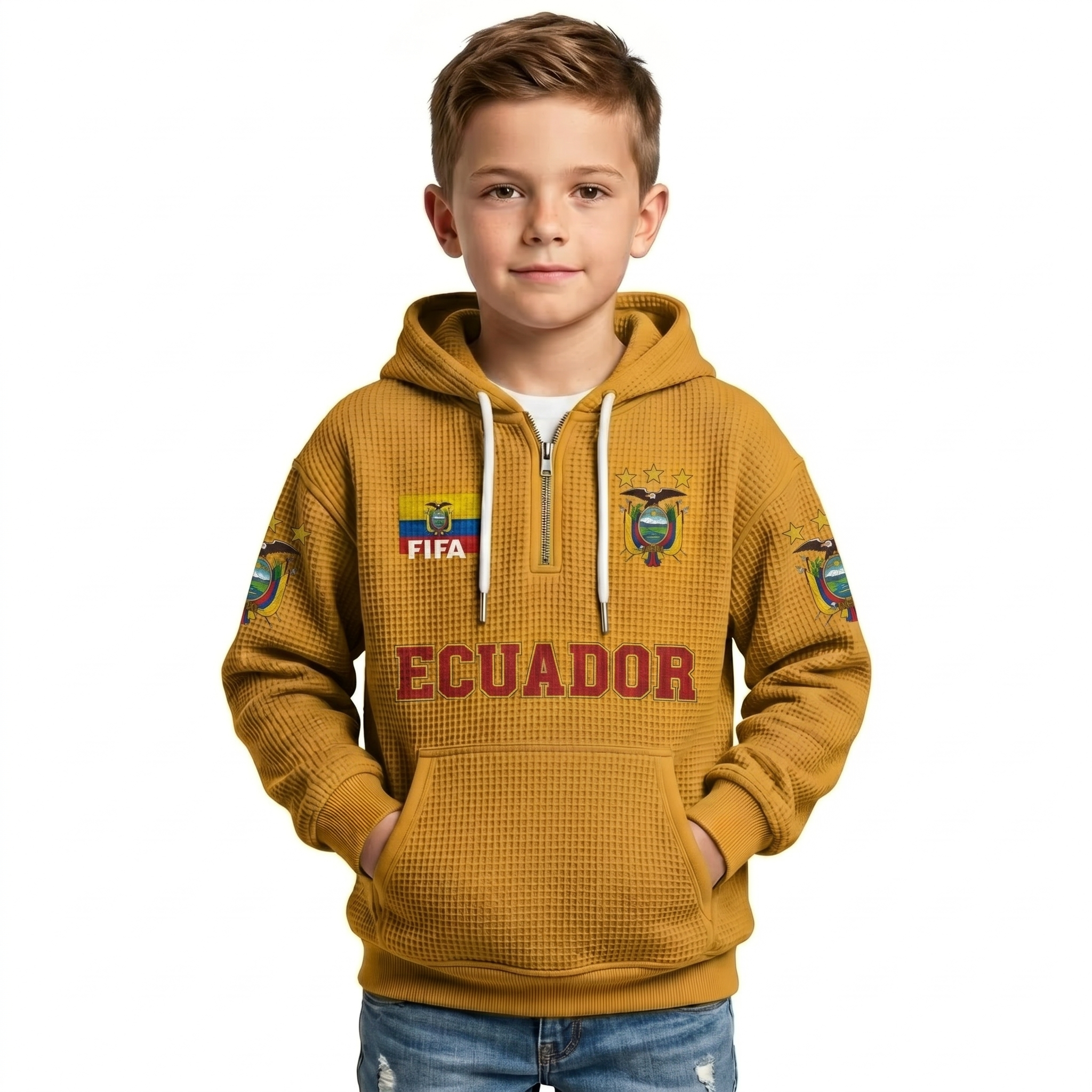 FIFA 2026 Ecuador Printed Waffle Quarter Zip Kids Football Fan Hoodie