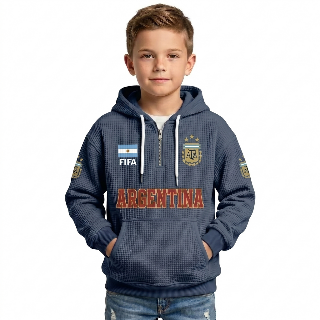 FIFA 2026 Argentina Printed Waffle Quarter Zip Kids Football Fan Hoodie