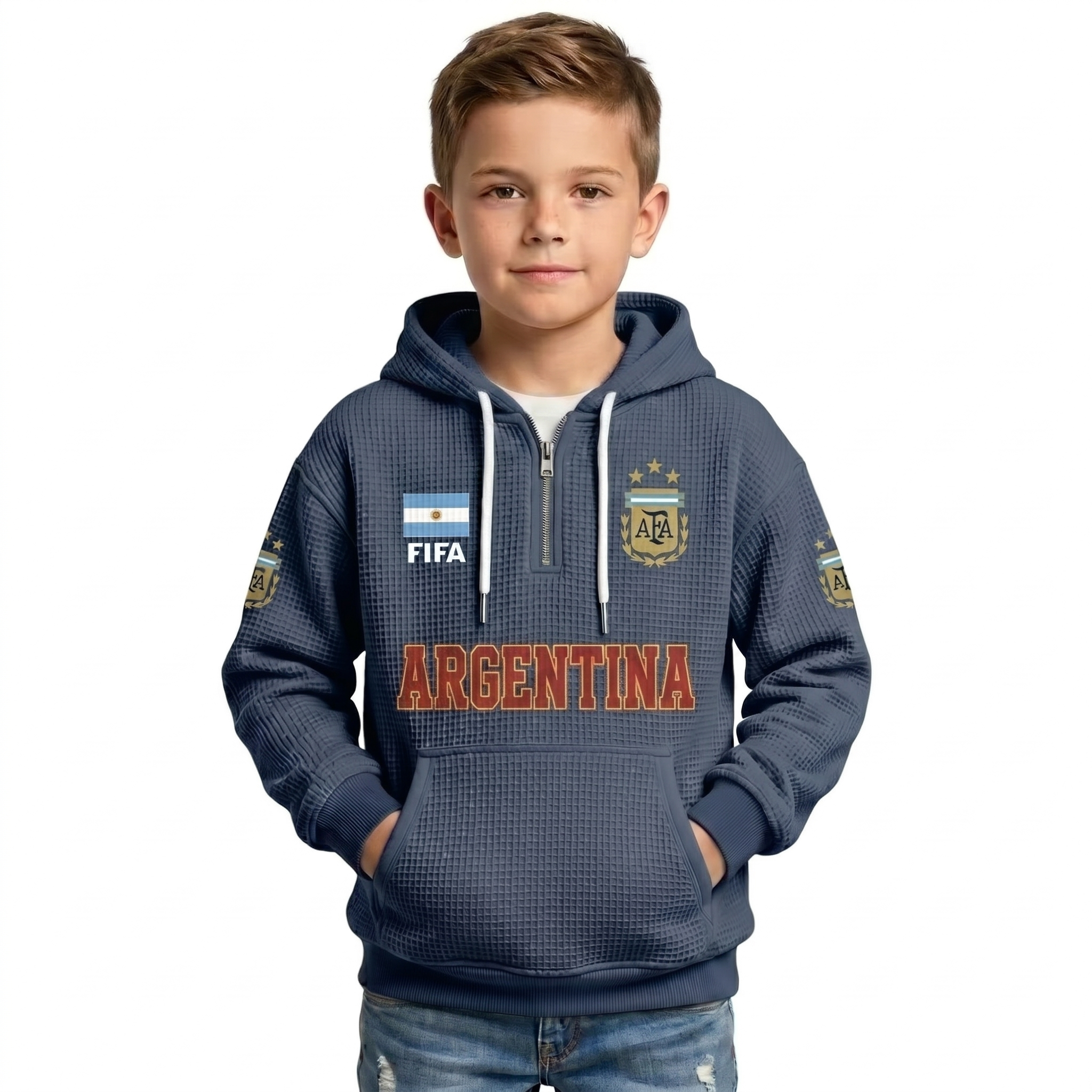 FIFA 2026 Argentina Printed Waffle Quarter Zip Kids Football Fan Hoodie