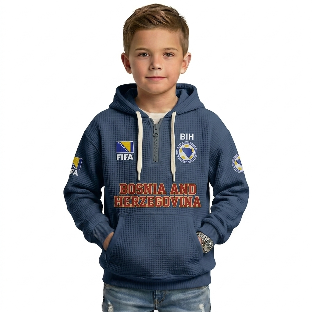 FIFA 2026 Bosnia And Herzegovina Printed Waffle Quarter Zip Kids Football Fan Hoodie