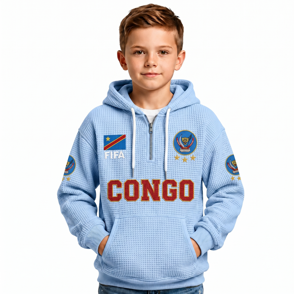 FIFA 2026 Democratic Republic Of The Congo Printed Waffle Quarter Zip Kids Football Fan Hoodie