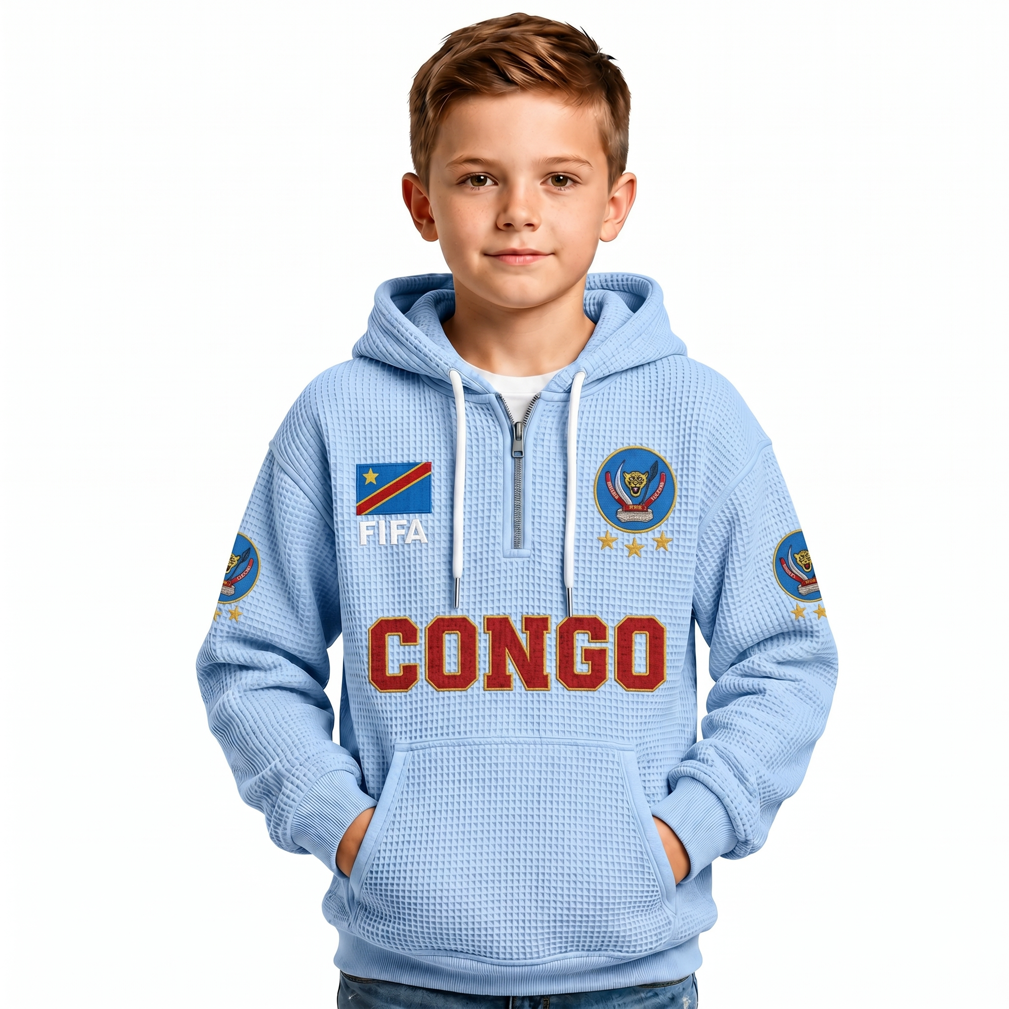 FIFA 2026 Democratic Republic Of The Congo Printed Waffle Quarter Zip Kids Football Fan Hoodie