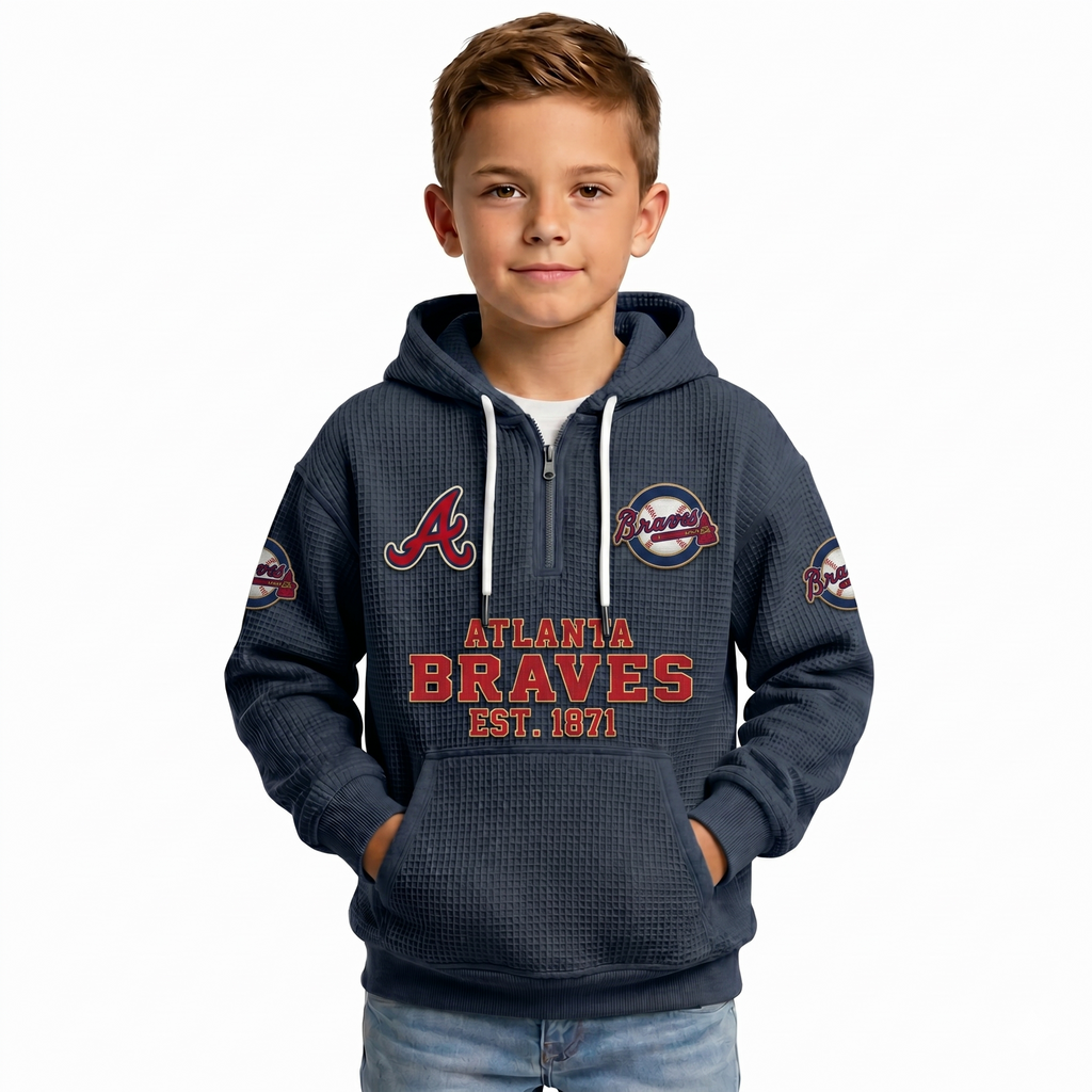 Atlanta Braves EST 1871 Kids Baseball Fan Printed Waffle Quarter Zip Hoodie