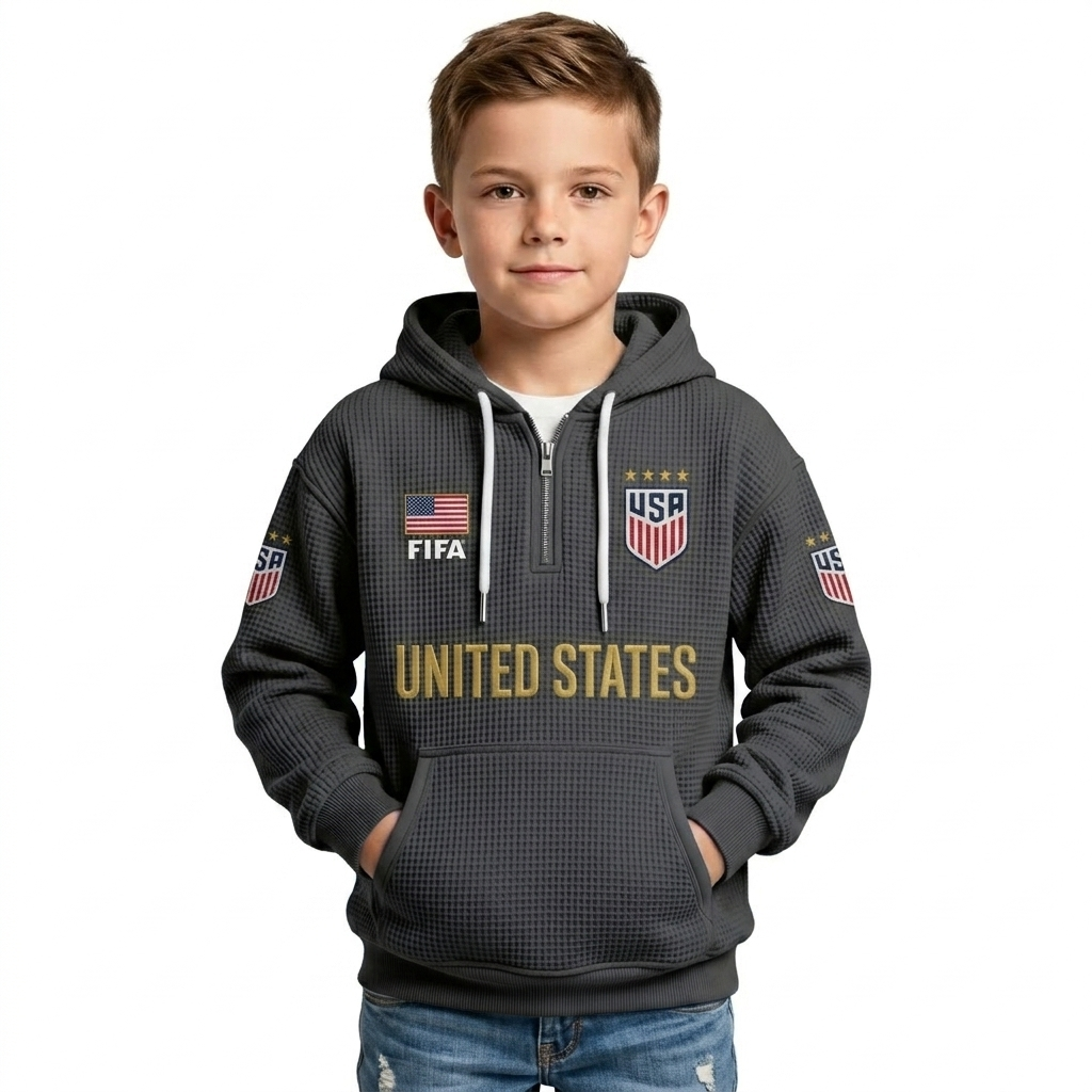 FIFA 2026 United States Printed Waffle Quarter Zip Kids Football Fan Hoodie