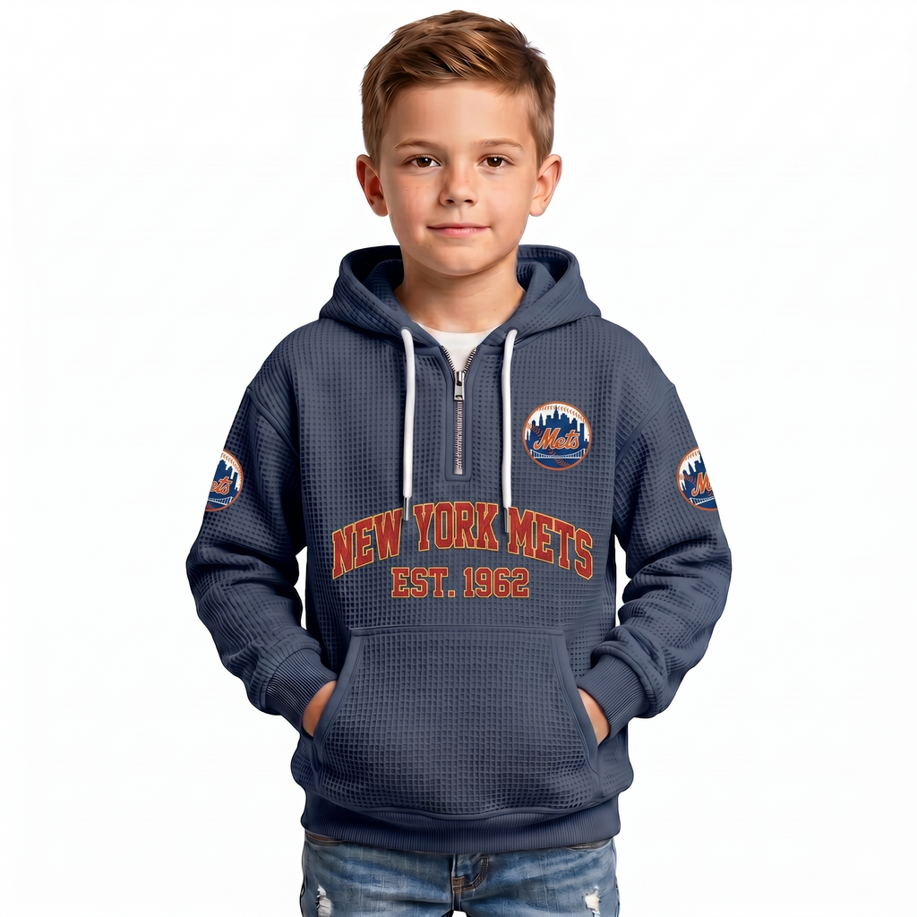 New York Mets EST 1962 Kids Baseball Fan Printed Waffle Quarter Zip Hoodie