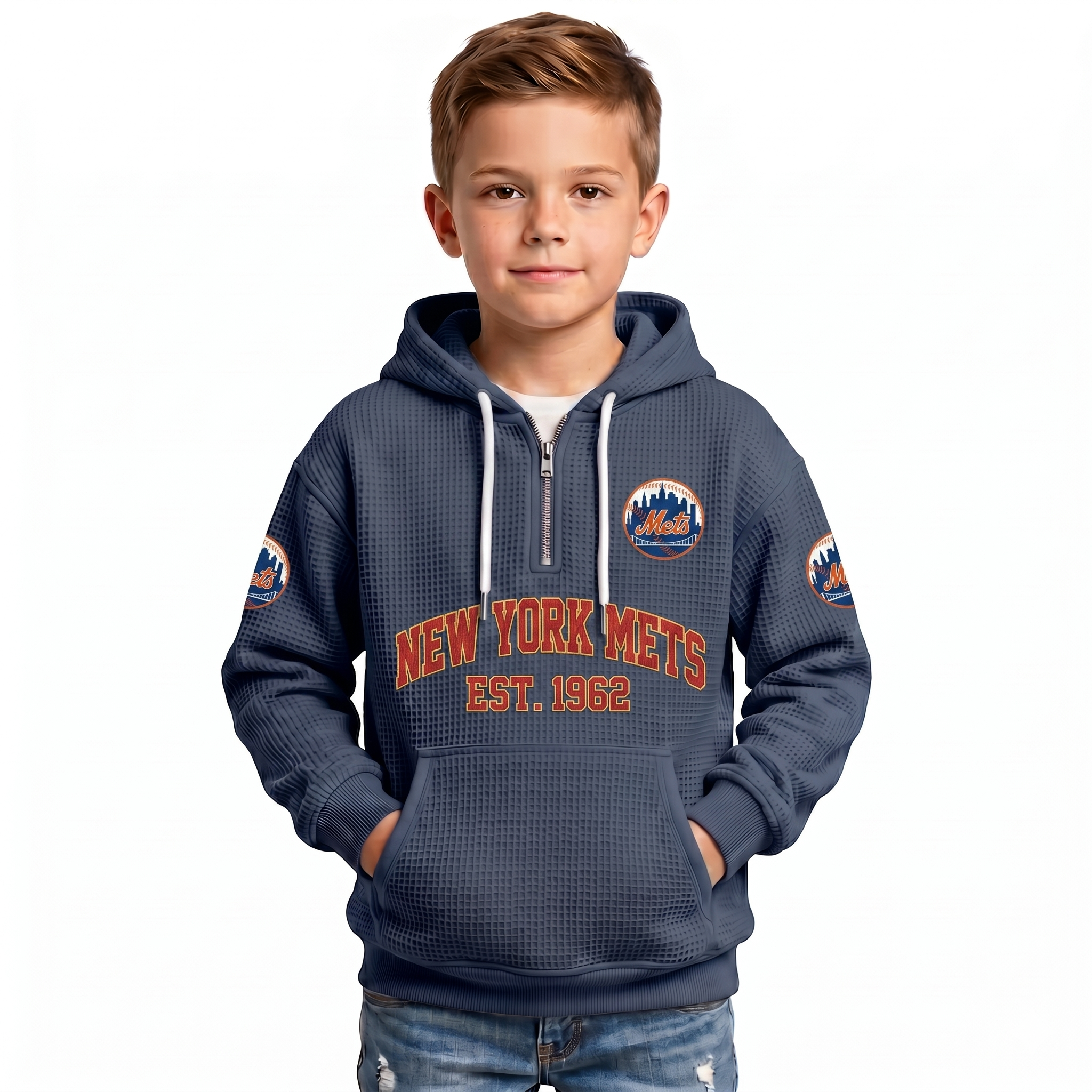 New York Mets EST 1962 Kids Baseball Fan Printed Waffle Quarter Zip Hoodie