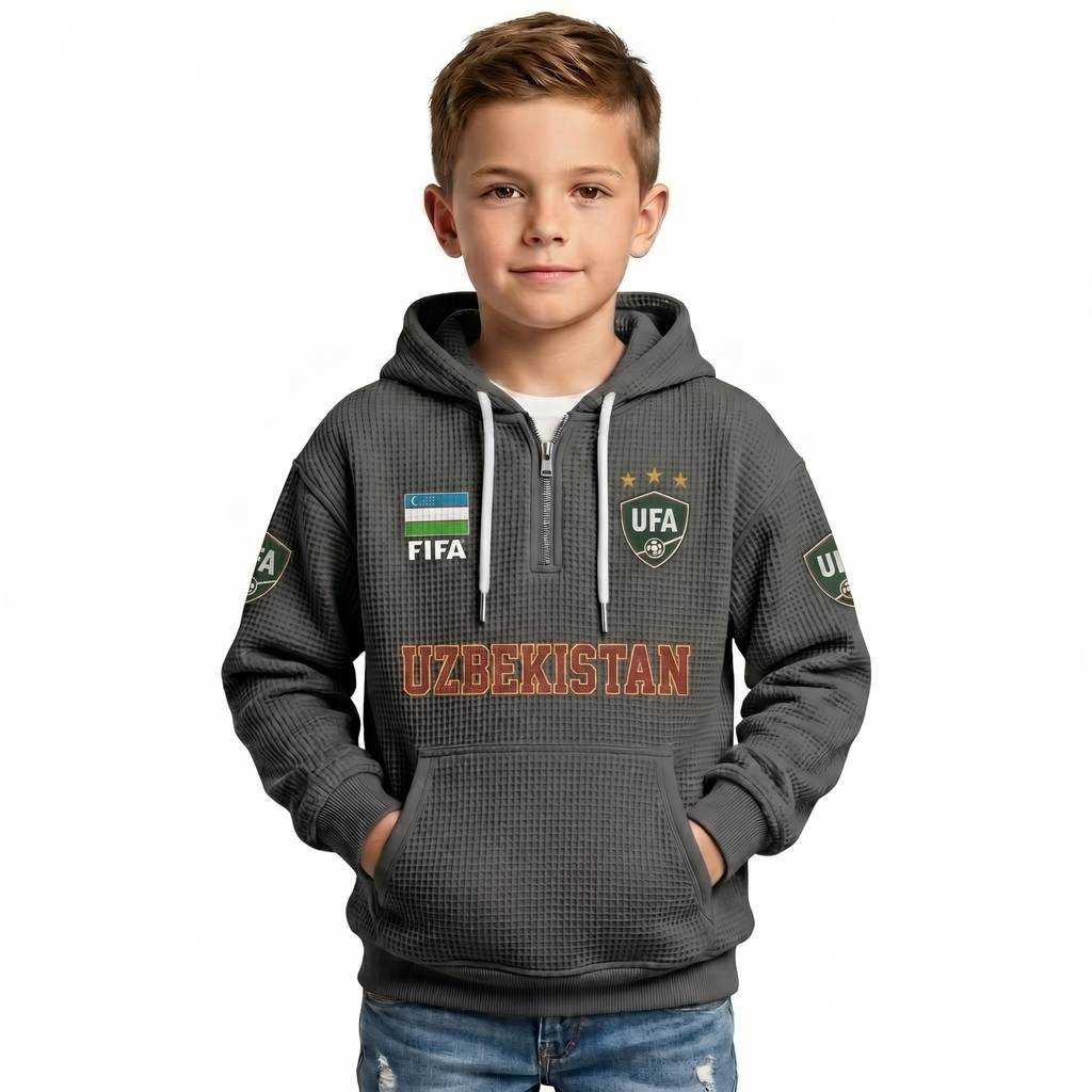 FIFA 2026 Uzbekistan Printed Waffle Quarter Zip Kids Football Fan Hoodie