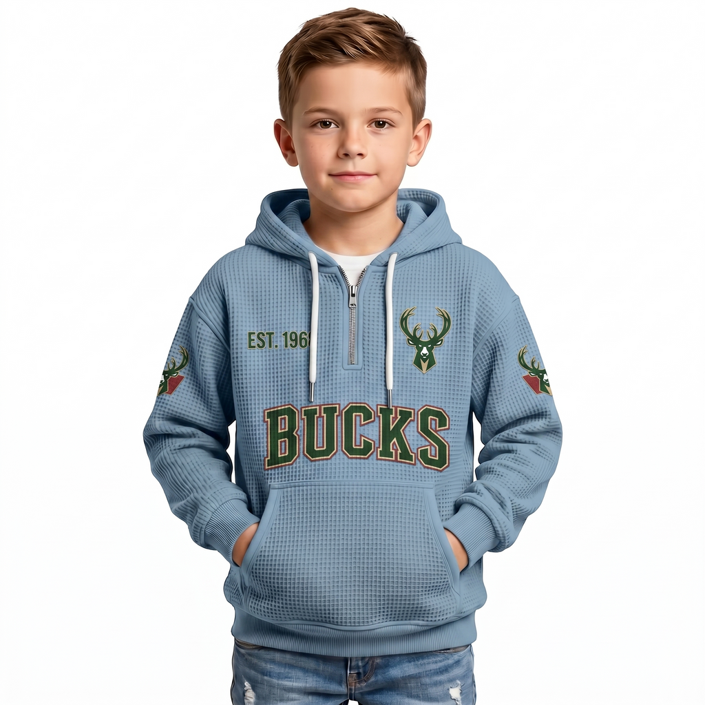 Milwaukee Bucks EST 1968 Kids Baseball Fan Printed Waffle Quarter Zip Hoodie