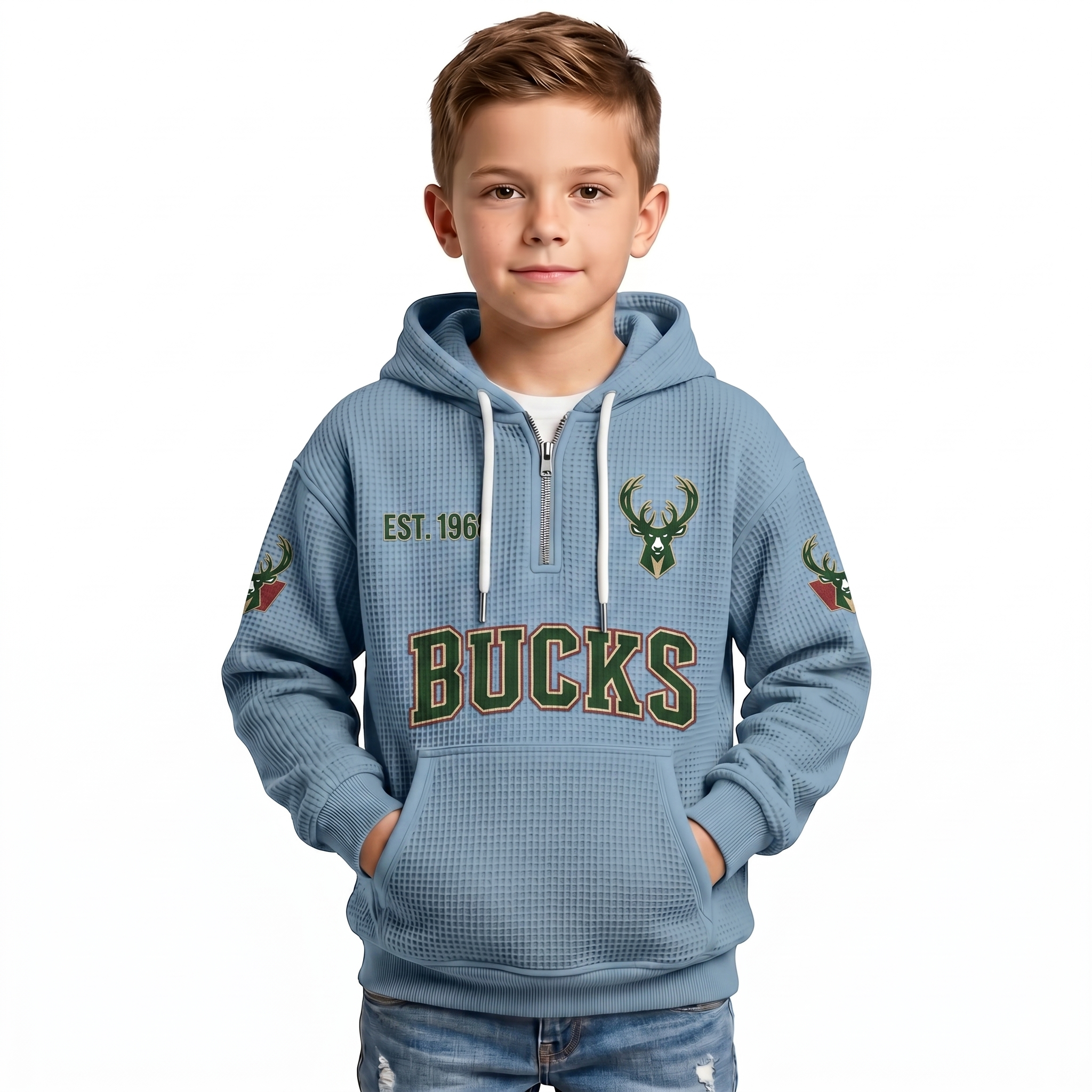 Milwaukee Bucks EST 1968 Kids Baseball Fan Printed Waffle Quarter Zip Hoodie