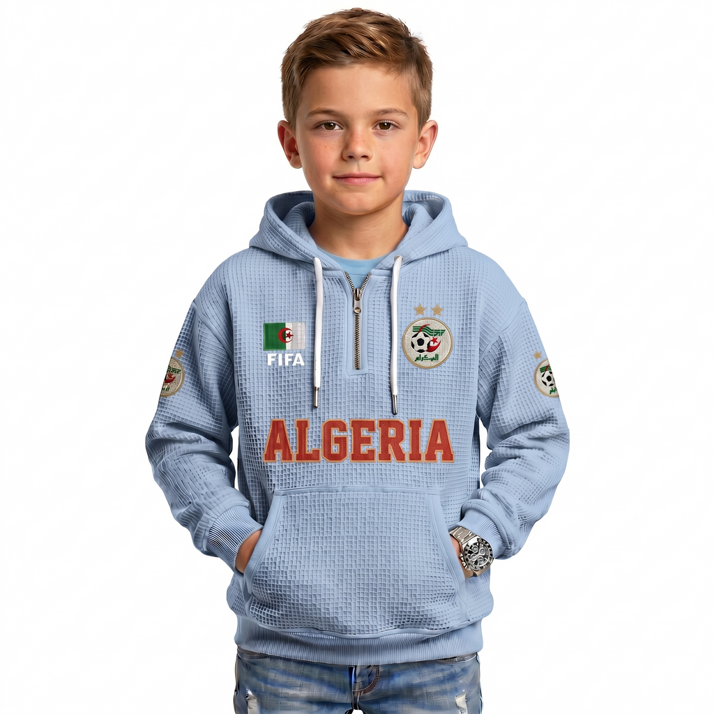 FIFA 2026 Algeria Printed Waffle Quarter Zip Kids Football Fan Hoodie