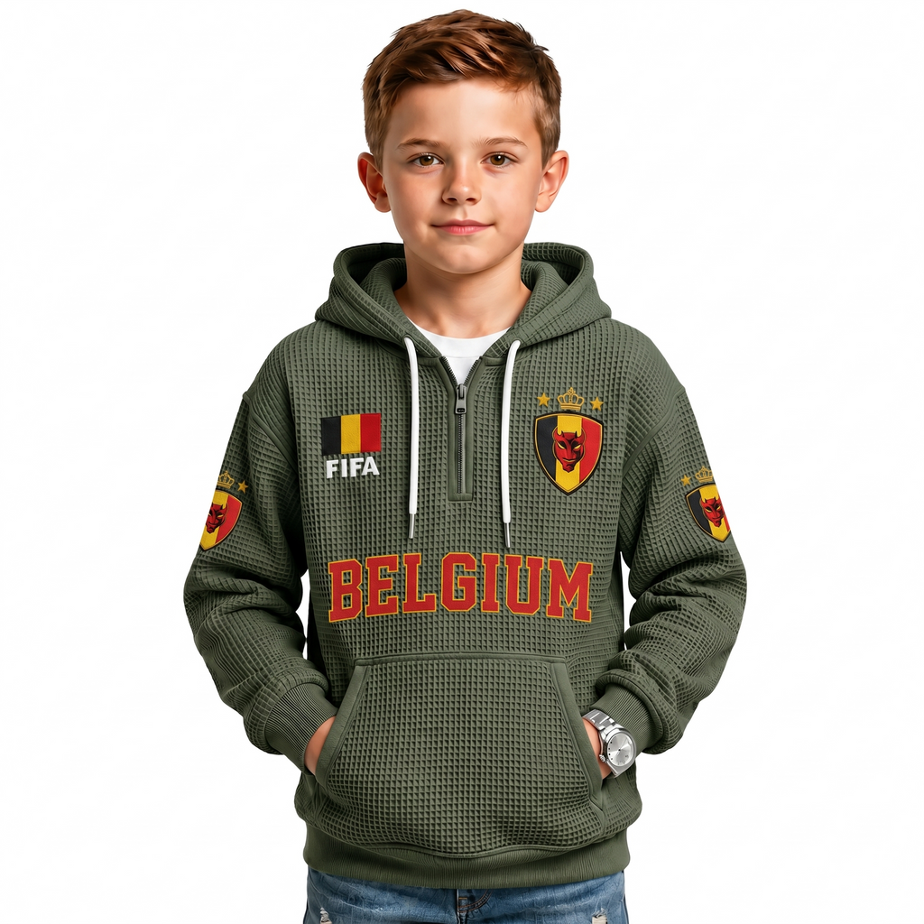 FIFA 2026 Belgium Printed Waffle Quarter Zip Kids Football Fan Hoodie