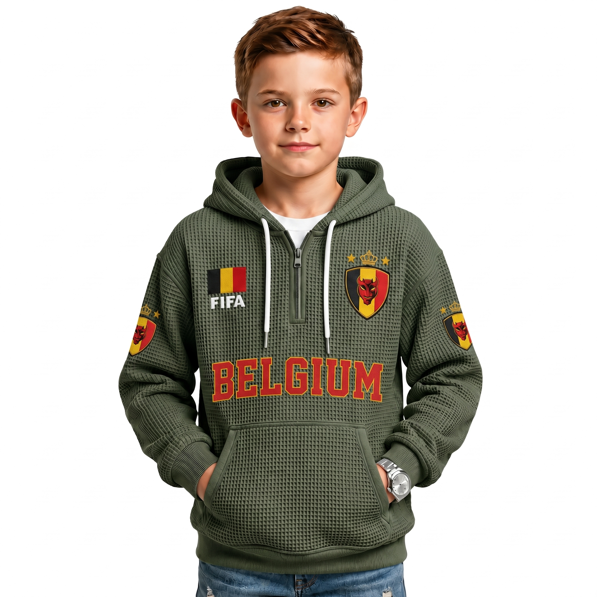 FIFA 2026 Belgium Printed Waffle Quarter Zip Kids Football Fan Hoodie