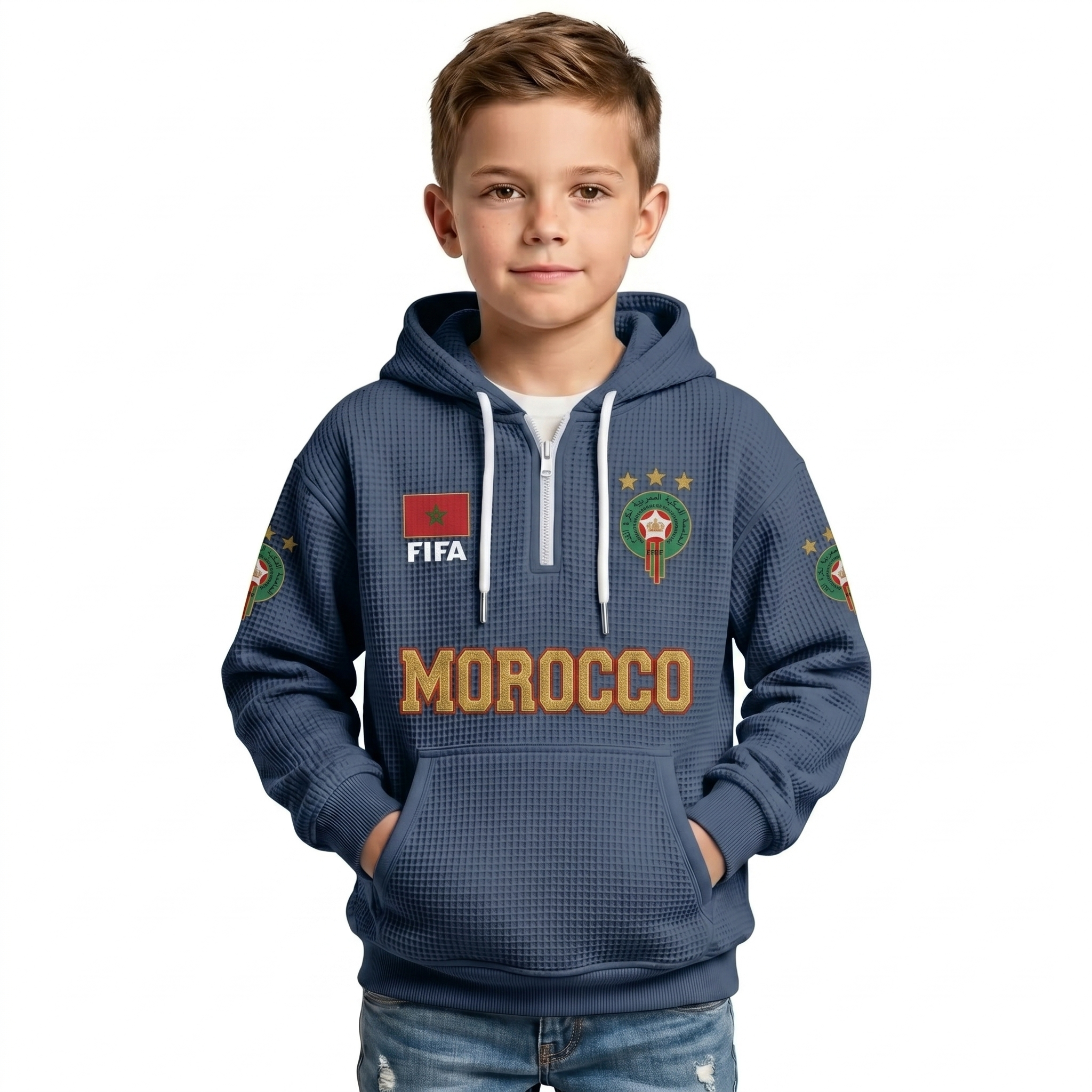 FIFA 2026 Morocco Printed Waffle Quarter Zip Kids Football Fan Hoodie
