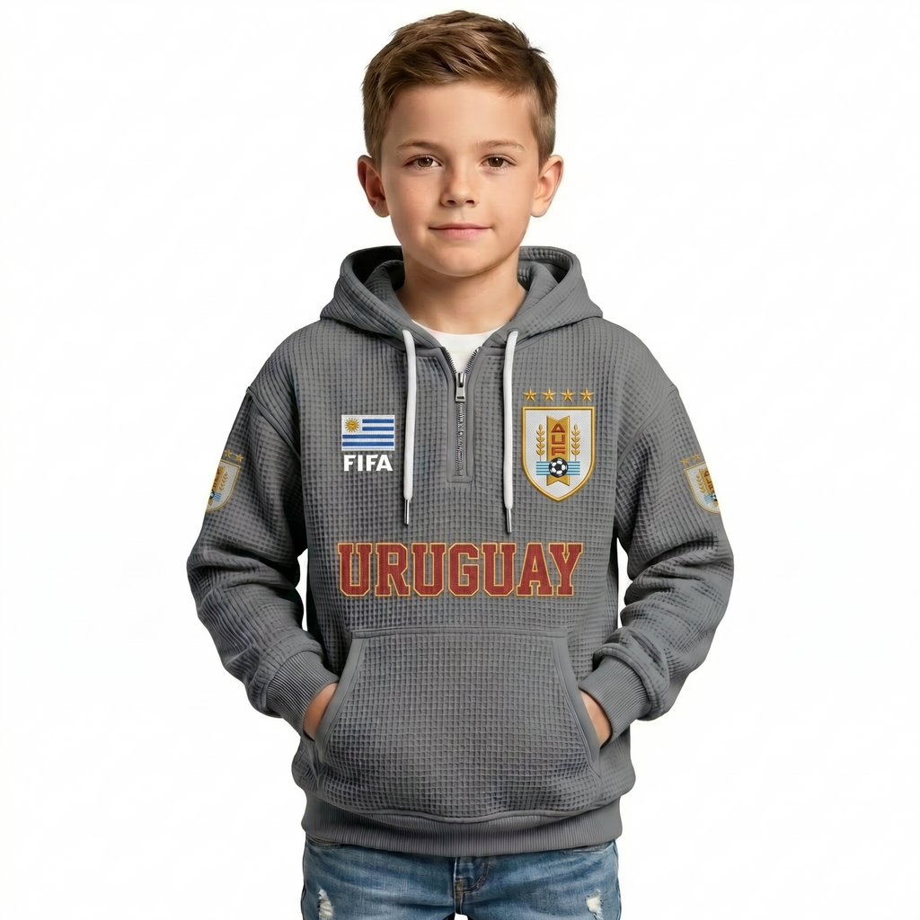 FIFA 2026 Uruguay Printed Waffle Quarter Zip Kids Football Fan Hoodie