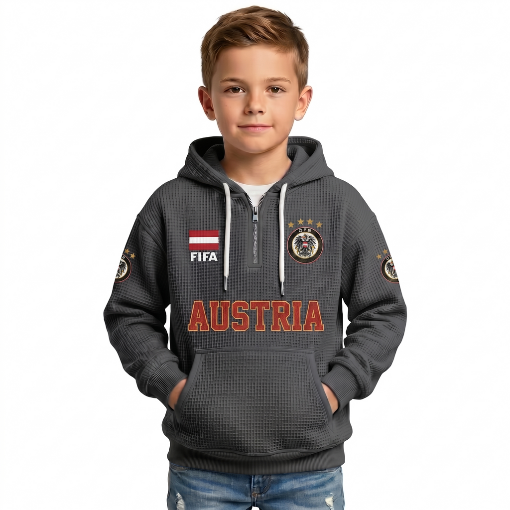 FIFA 2026 Austria Printed Waffle Quarter Zip Kids Football Fan Hoodie